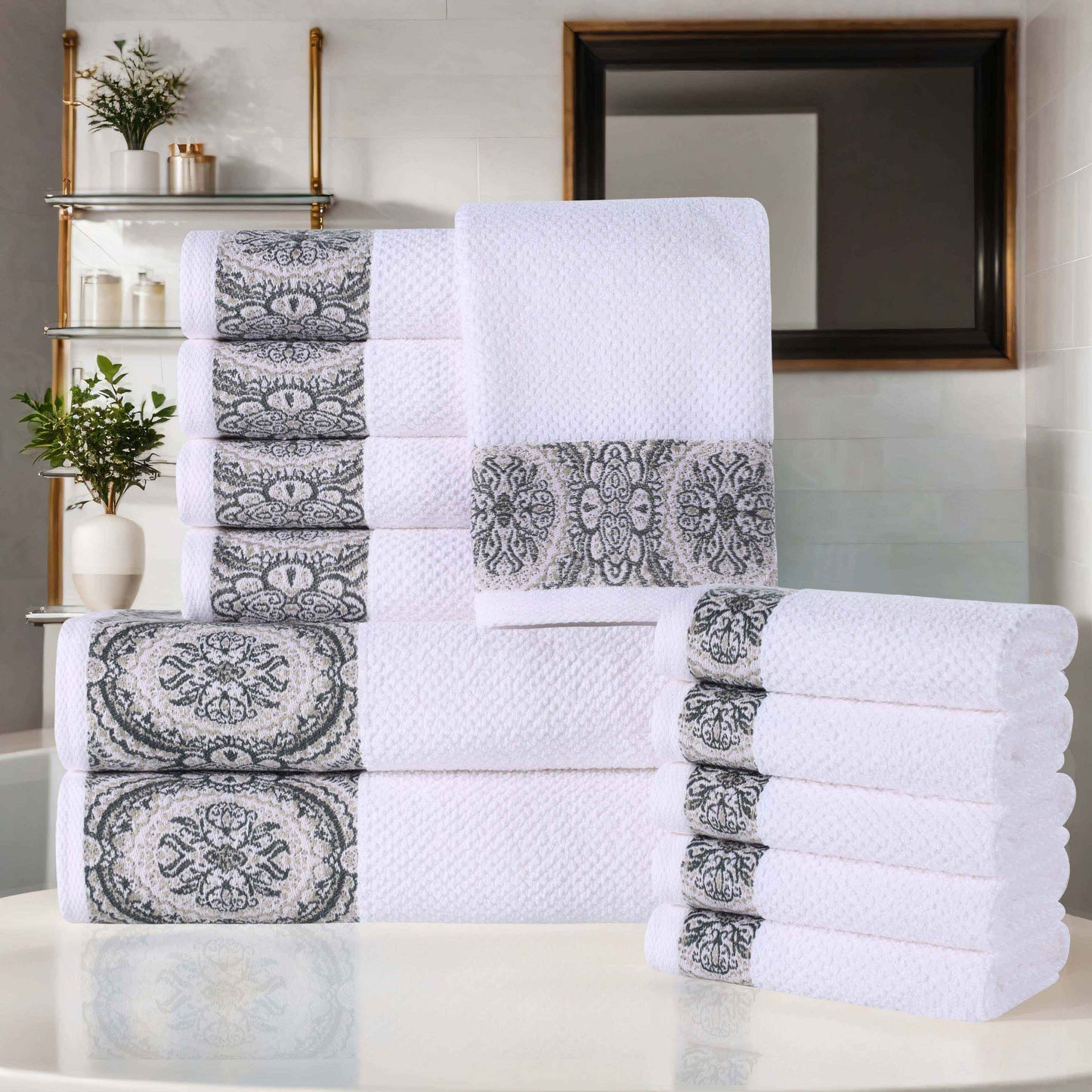 Medallion Cotton Jacquard Textured Soft Absorbent 12 Piece Towel Set - Stone