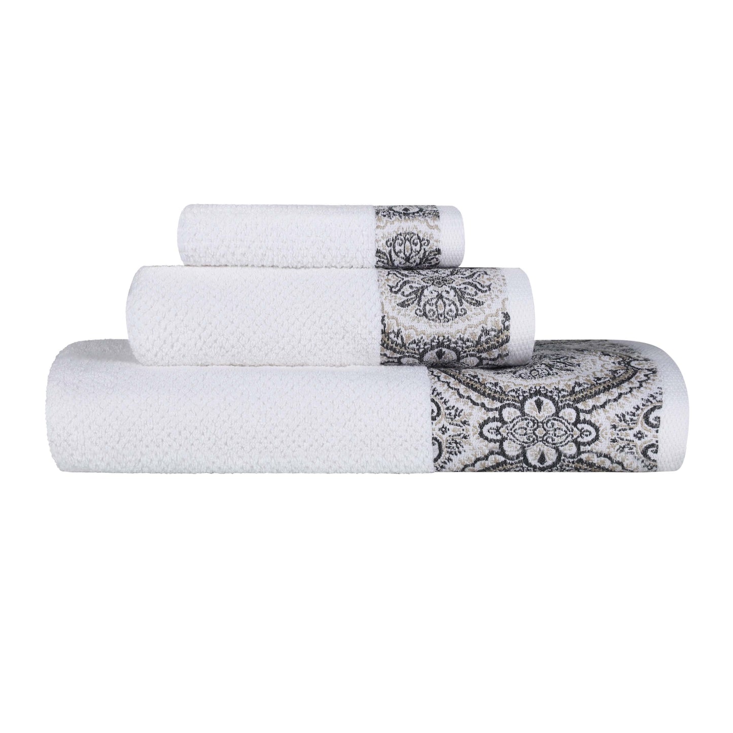 Medallion Cotton Jacquard Textured Soft Absorbent 3 Piece Towel Set - Stone