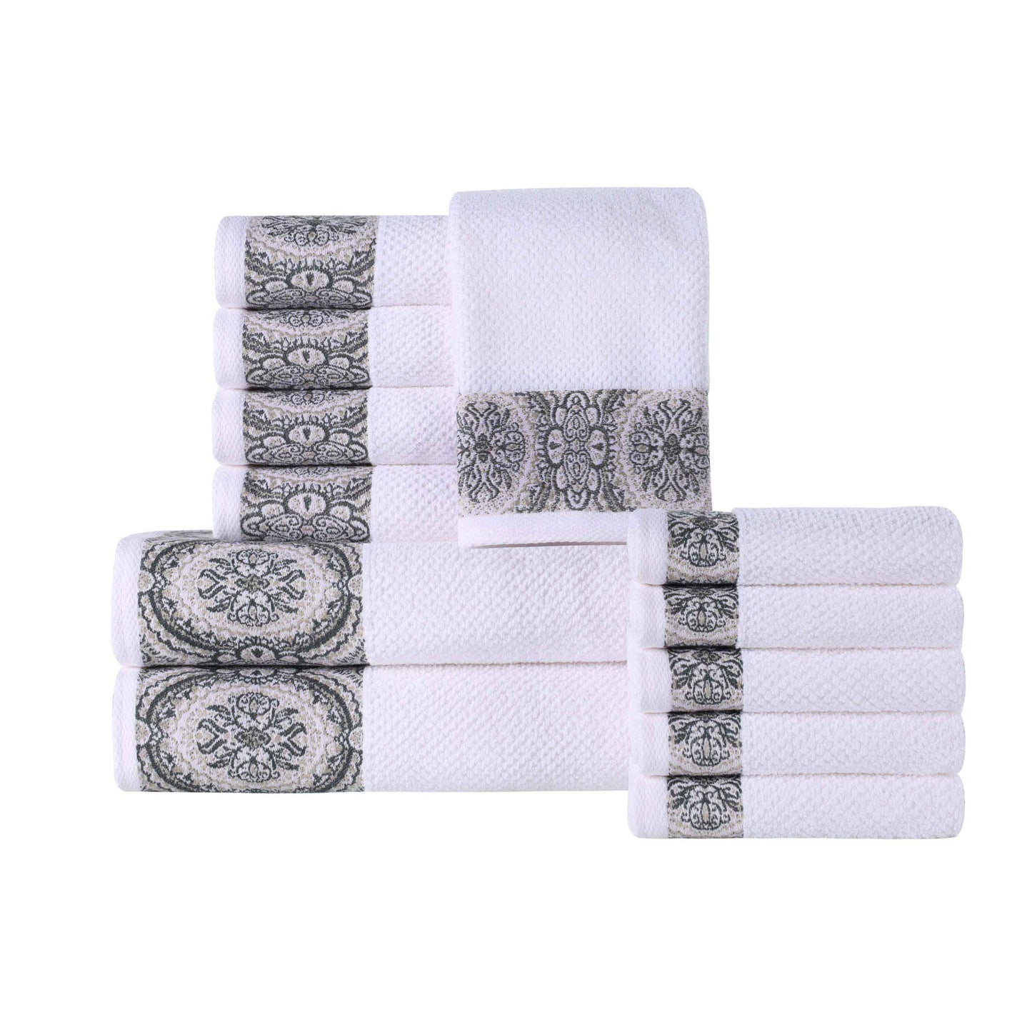 Medallion Cotton Jacquard Textured Soft Absorbent 12 Piece Towel Set - Stone