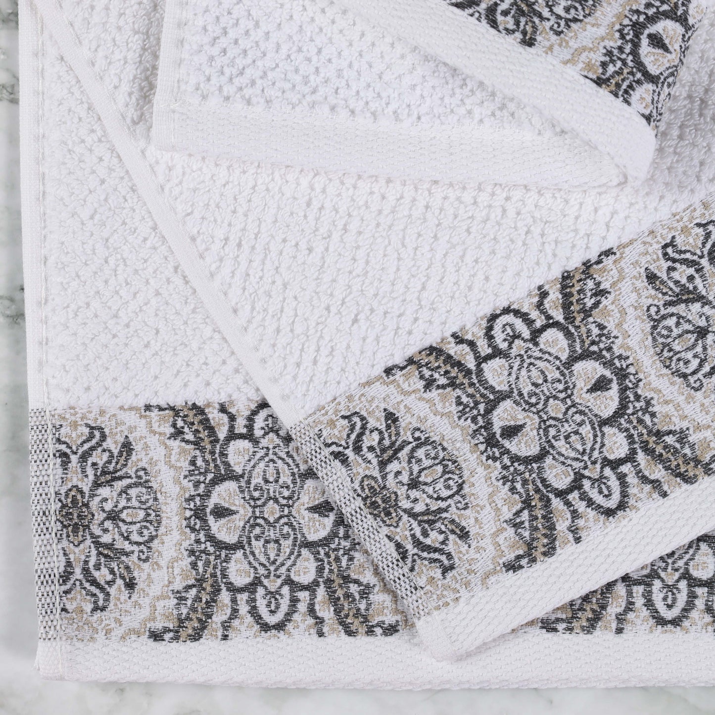 Medallion Cotton Jacquard Textured Soft Absorbent 3 Piece Towel Set - Stone