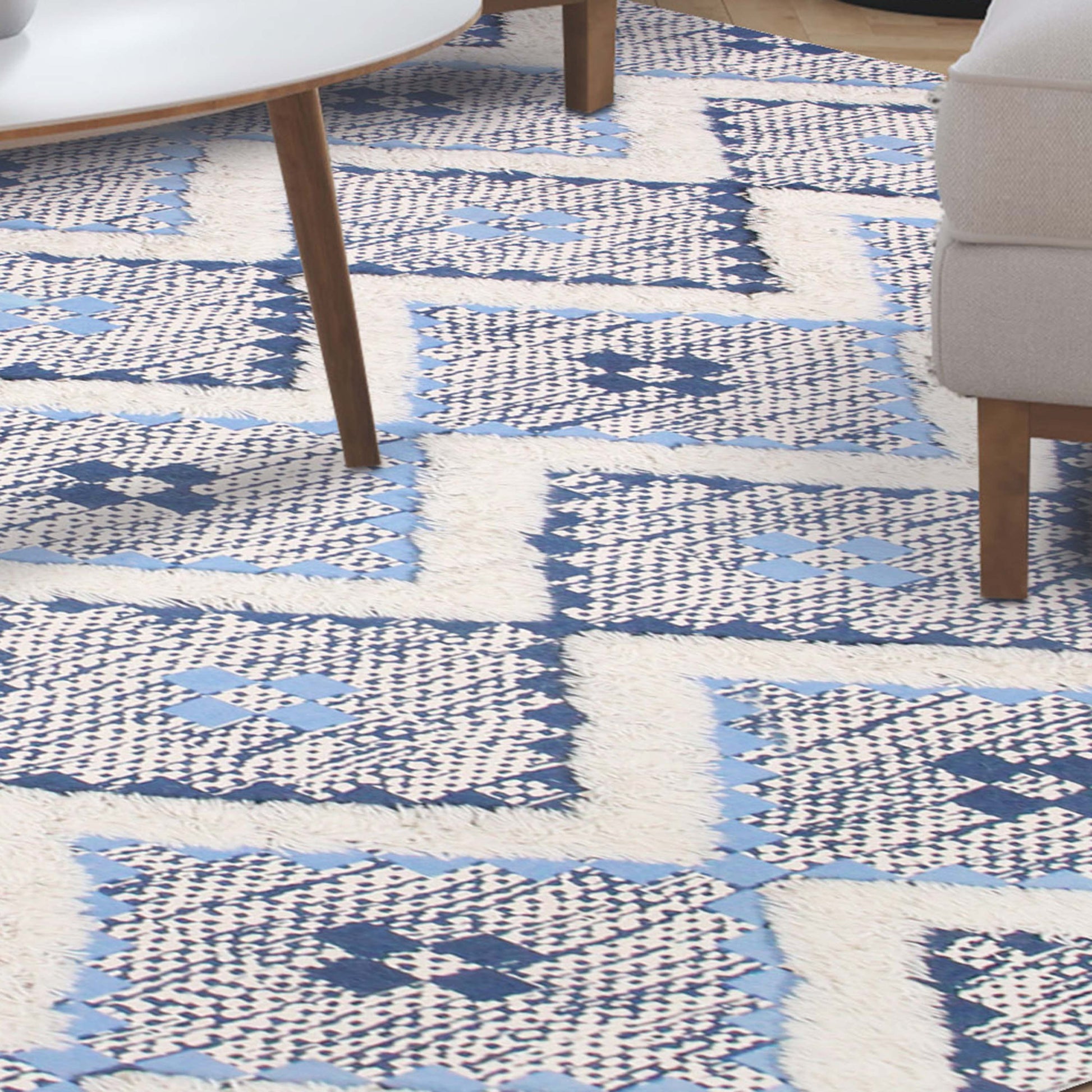 Geometric Wool Cotton Blend Latex Backing Indoor Area Rug - Stone/MidnightBlue