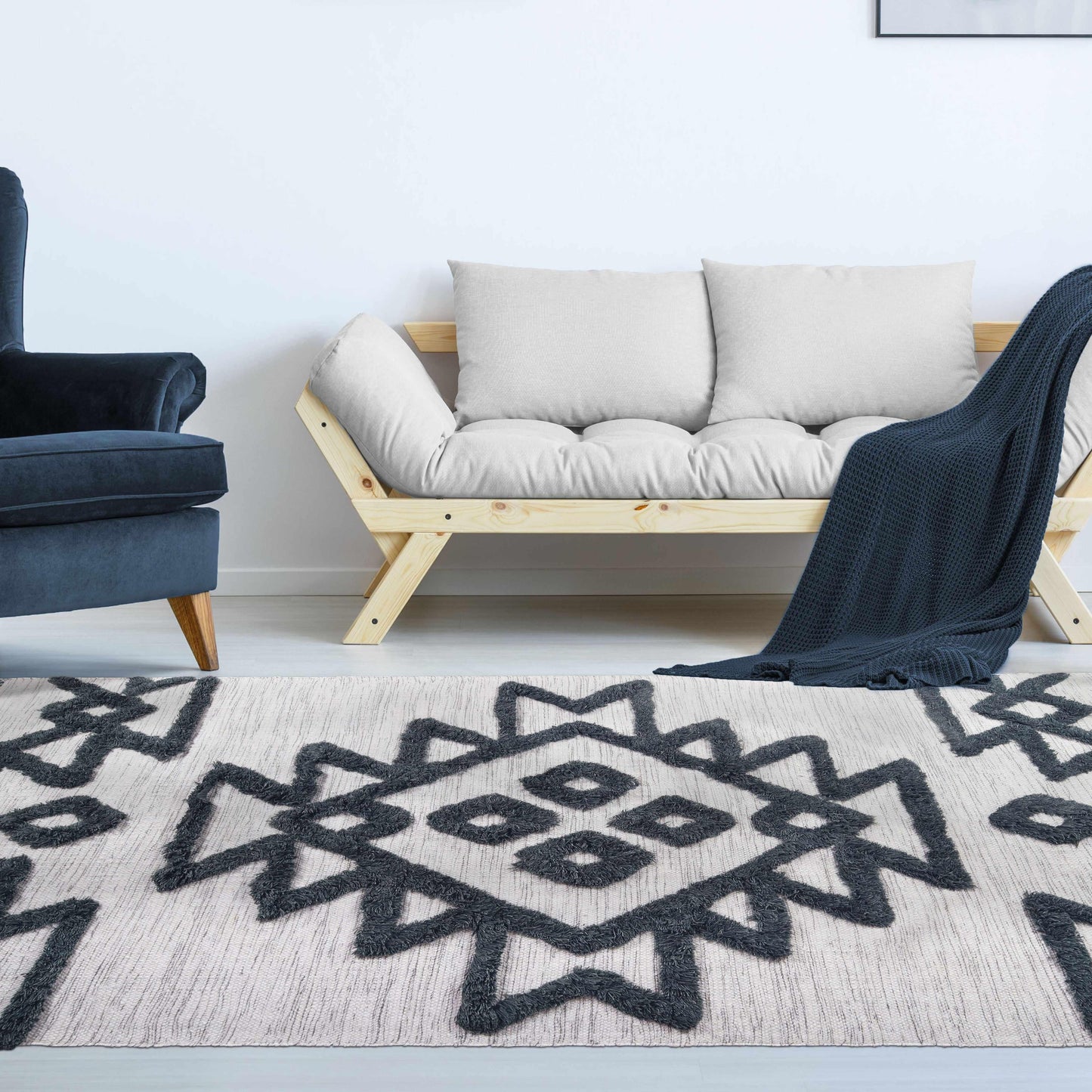 Superior Bohemian Wool Geometric Medallion Fringe Indoor Area or Runner Rug - Ivory-Charcoal