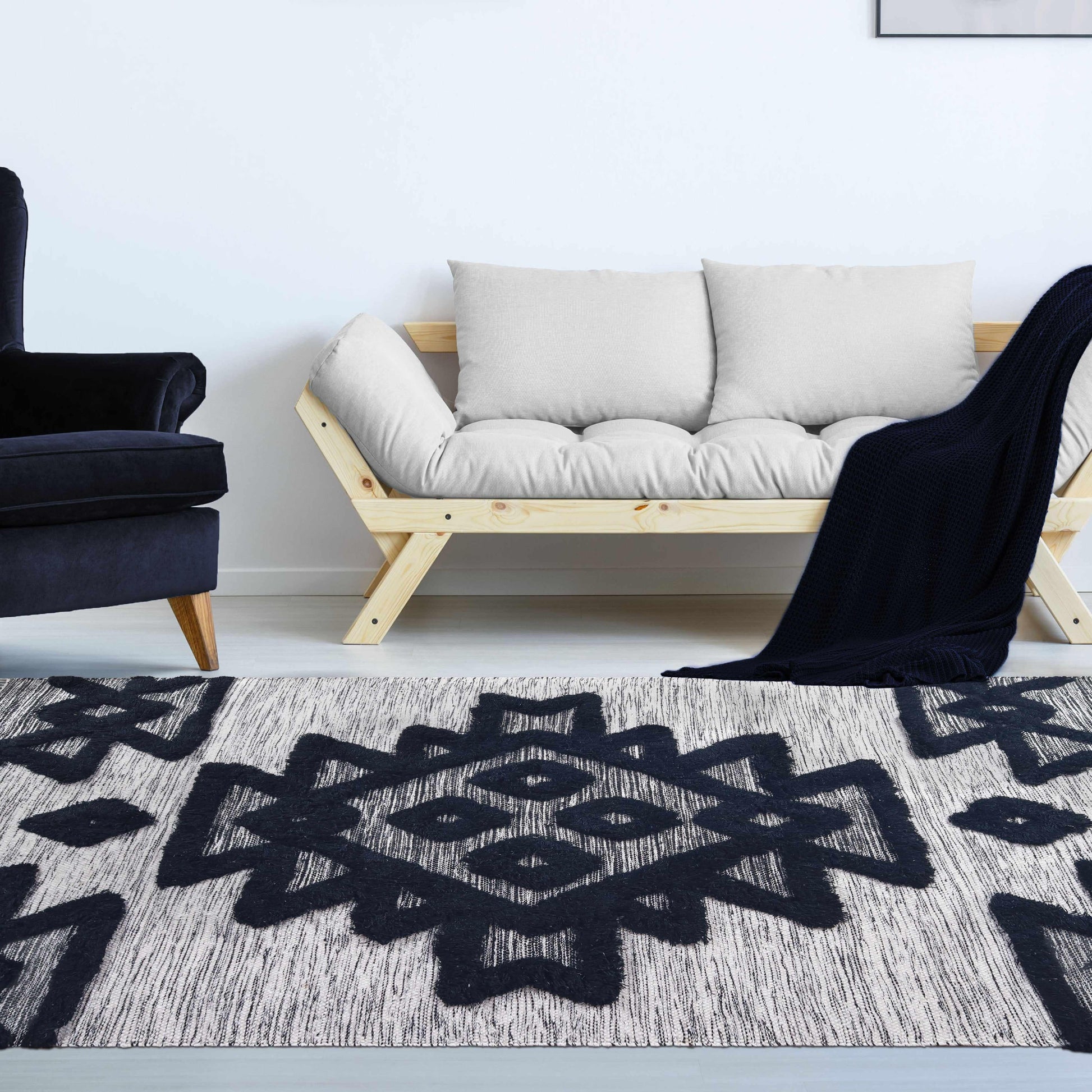 Superior Bohemian Wool Geometric Medallion Fringe Indoor Area or Runner Rug - Black-Ivory