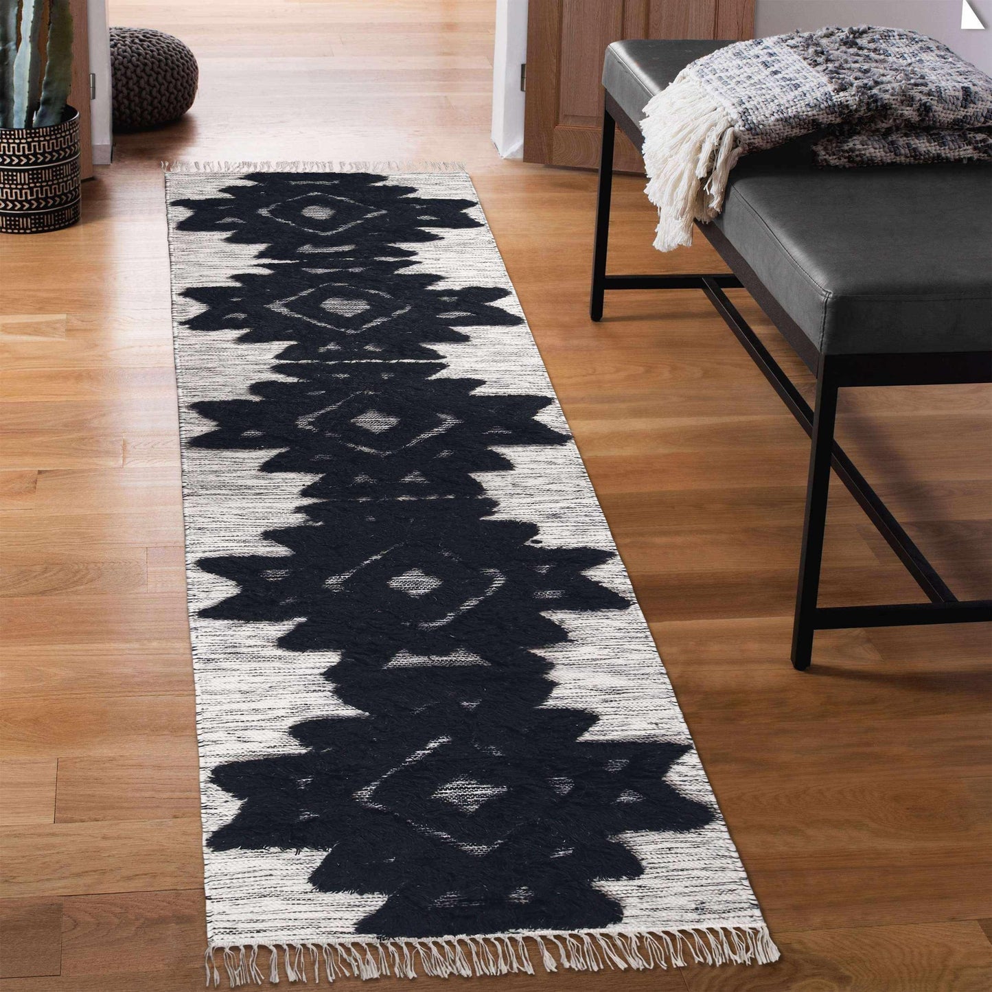 Superior Bohemian Wool Geometric Medallion Fringe Indoor Area or Runner Rug - Black-Ivory