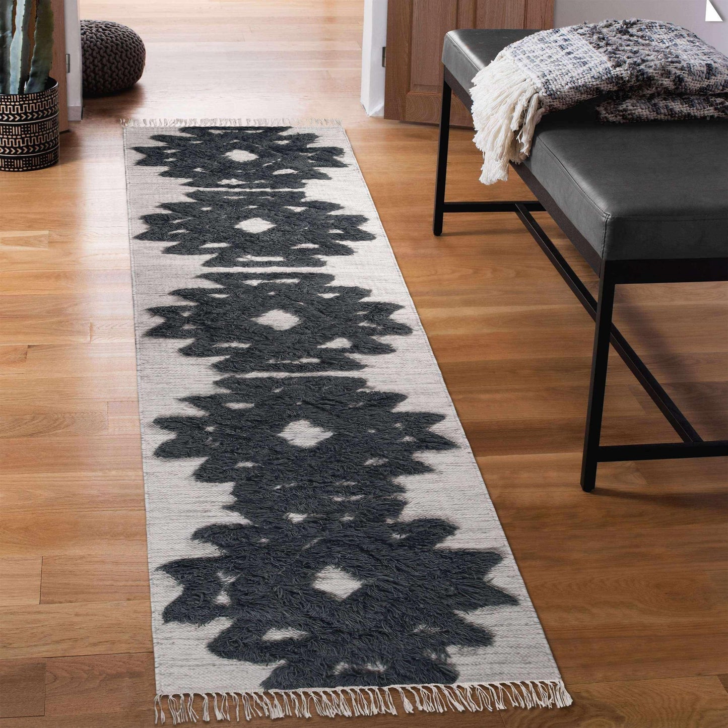 Superior Bohemian Wool Geometric Medallion Fringe Indoor Area or Runner Rug - Ivory-Charcoal