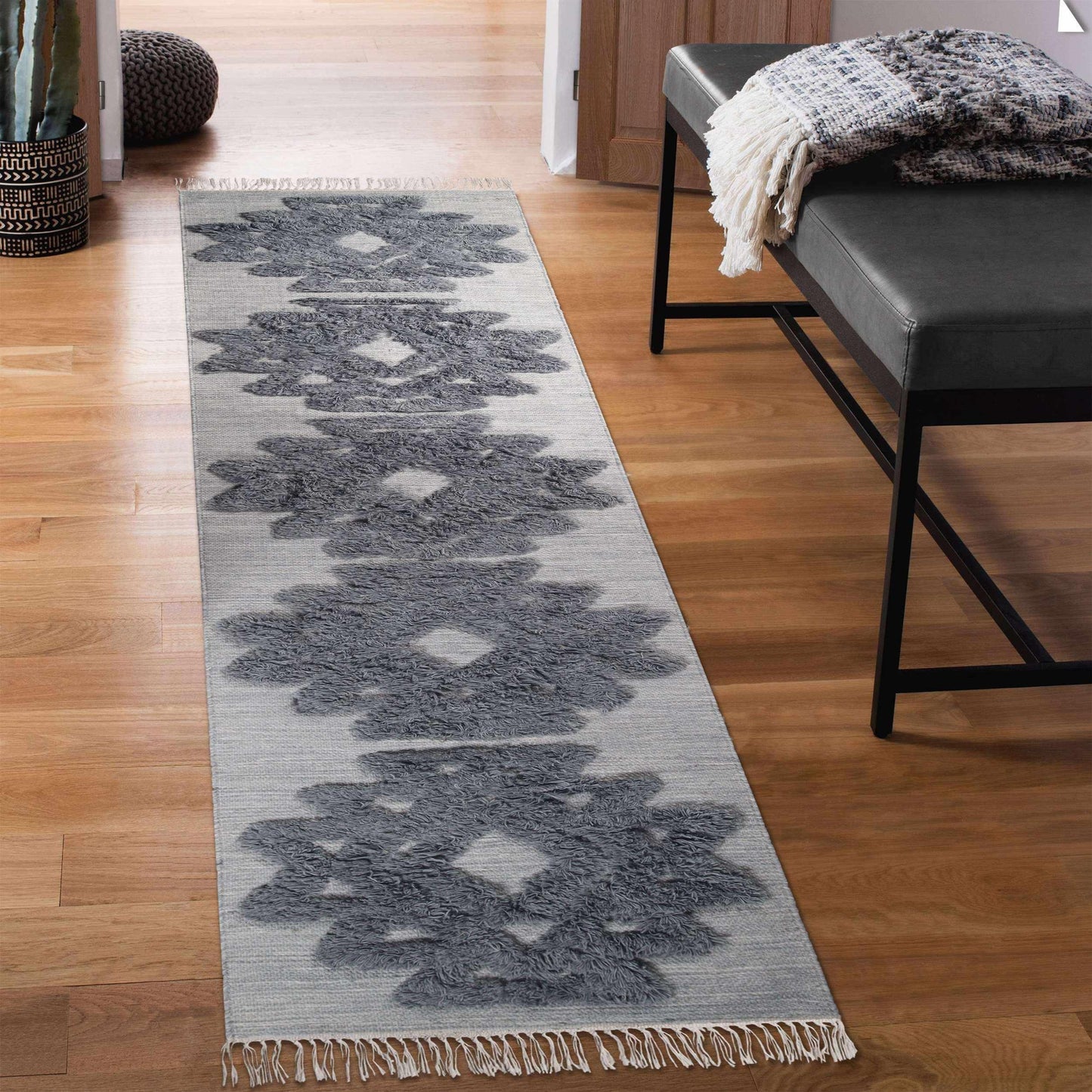 Superior Bohemian Wool Geometric Medallion Fringe Indoor Area or Runner Rug - Silver-Grey