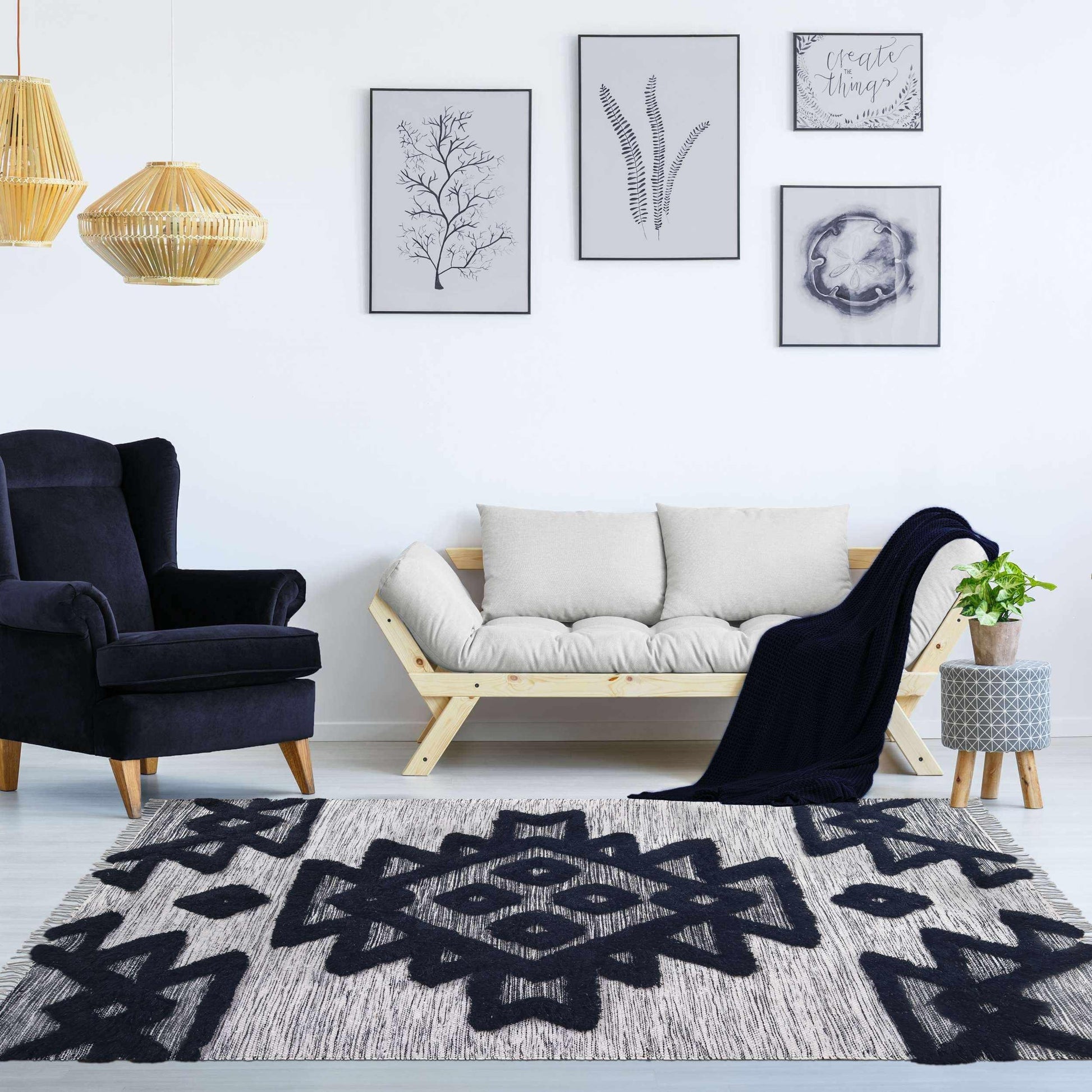 Superior Bohemian Wool Geometric Medallion Fringe Indoor Area or Runner Rug - Black-Ivory