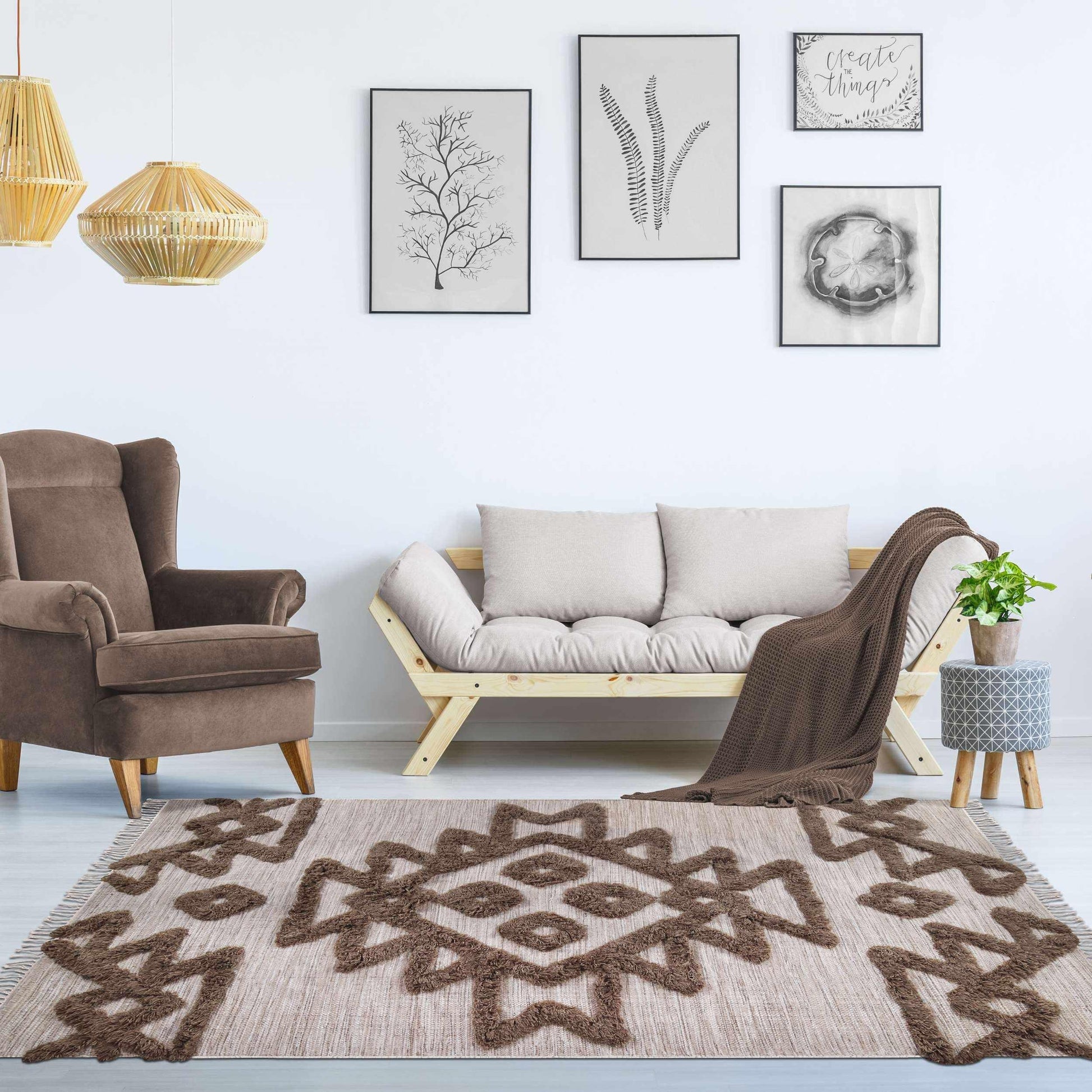 Superior Bohemian Wool Geometric Medallion Fringe Indoor Area or Runner Rug - Sand-taupe
