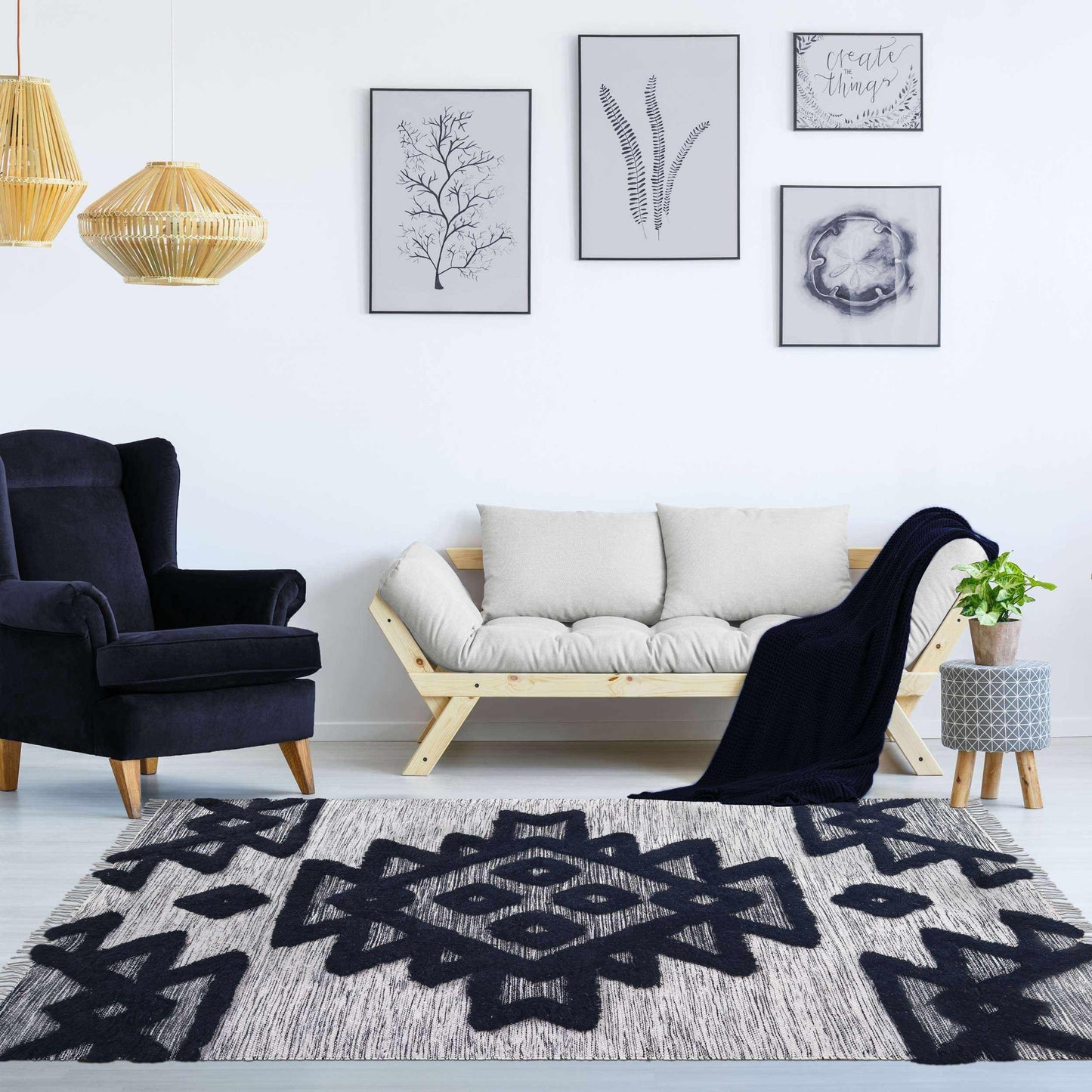 Superior Bohemian Wool Geometric Medallion Fringe Indoor Area or Runner Rug - Black-Ivory