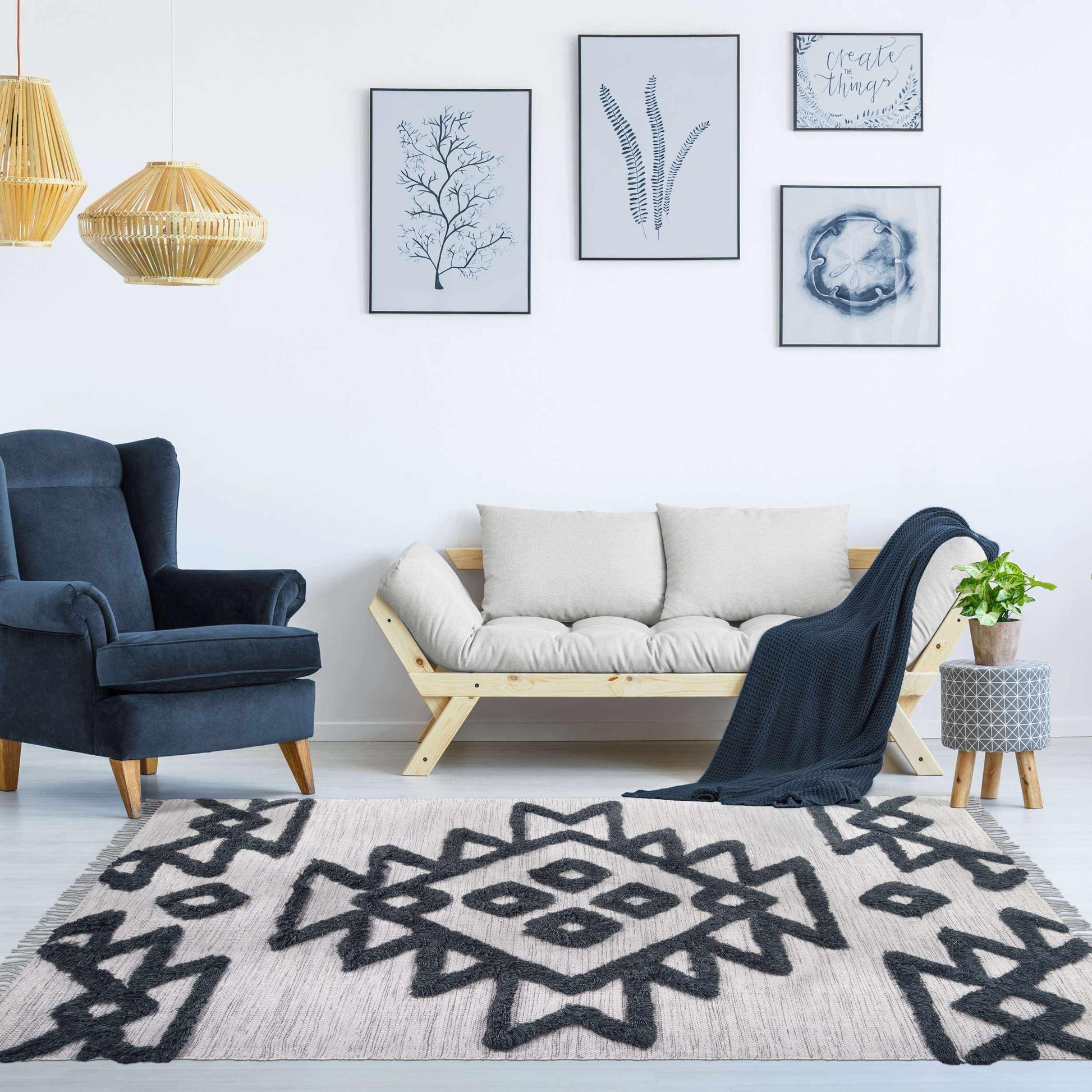 Superior Bohemian Wool Geometric Medallion Fringe Indoor Area or Runner Rug - Ivory-Charcoal