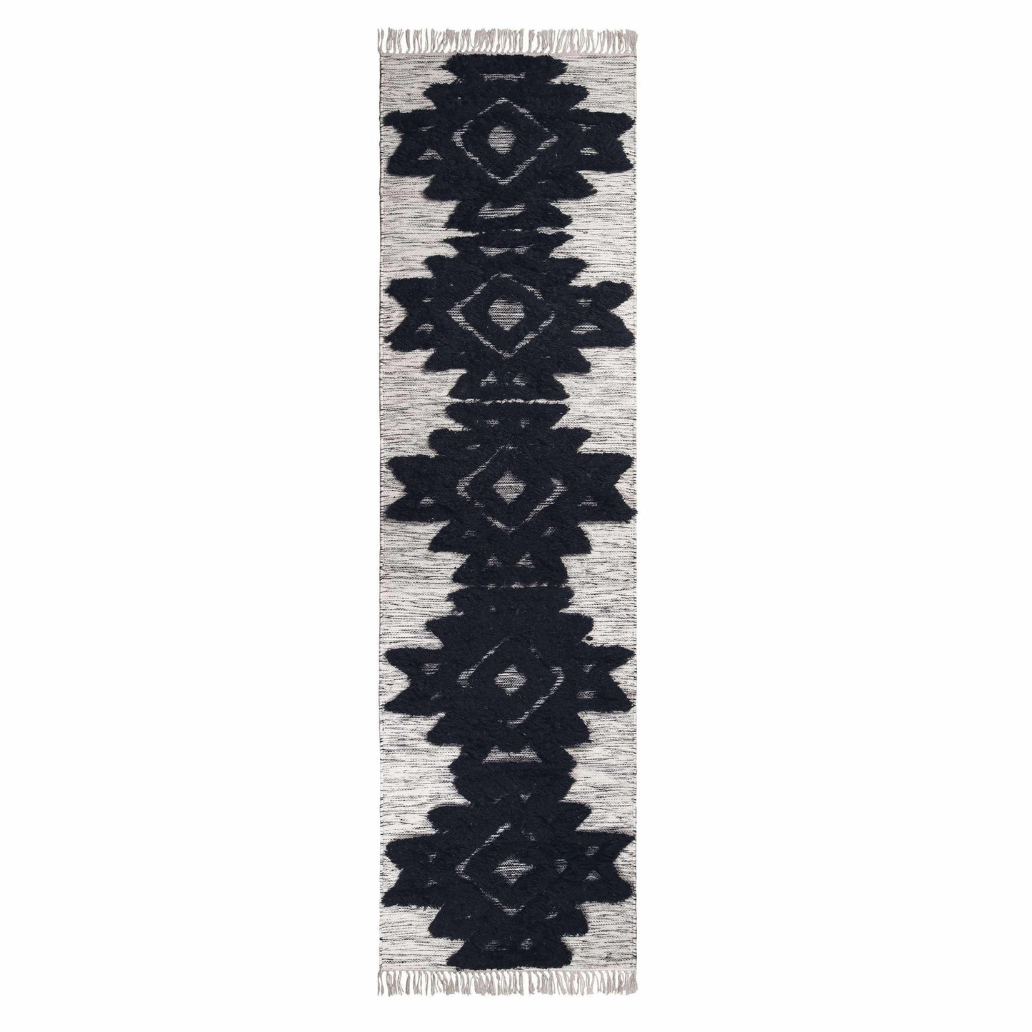 Superior Bohemian Wool Geometric Medallion Fringe Indoor Area or Runner Rug - Black-Ivory