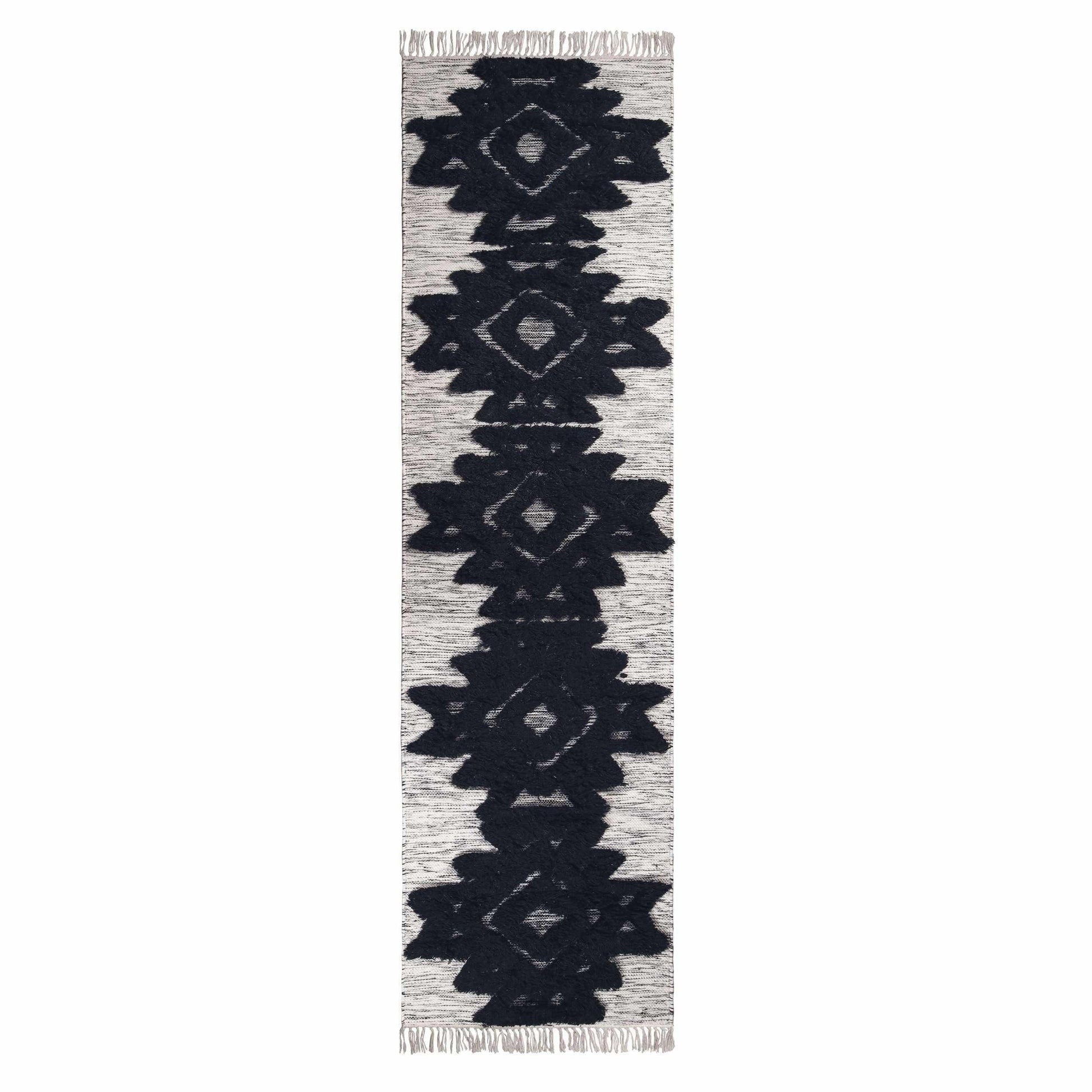 Superior Bohemian Wool Geometric Medallion Fringe Indoor Area or Runner Rug - Black-Ivory