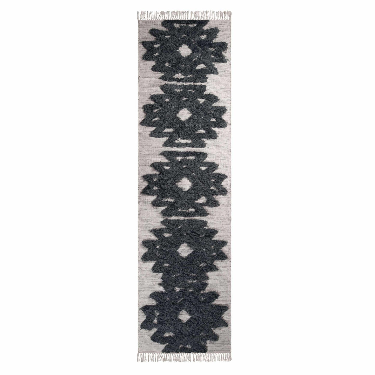 Superior Bohemian Wool Geometric Medallion Fringe Indoor Area or Runner Rug - Ivory-Charcoal