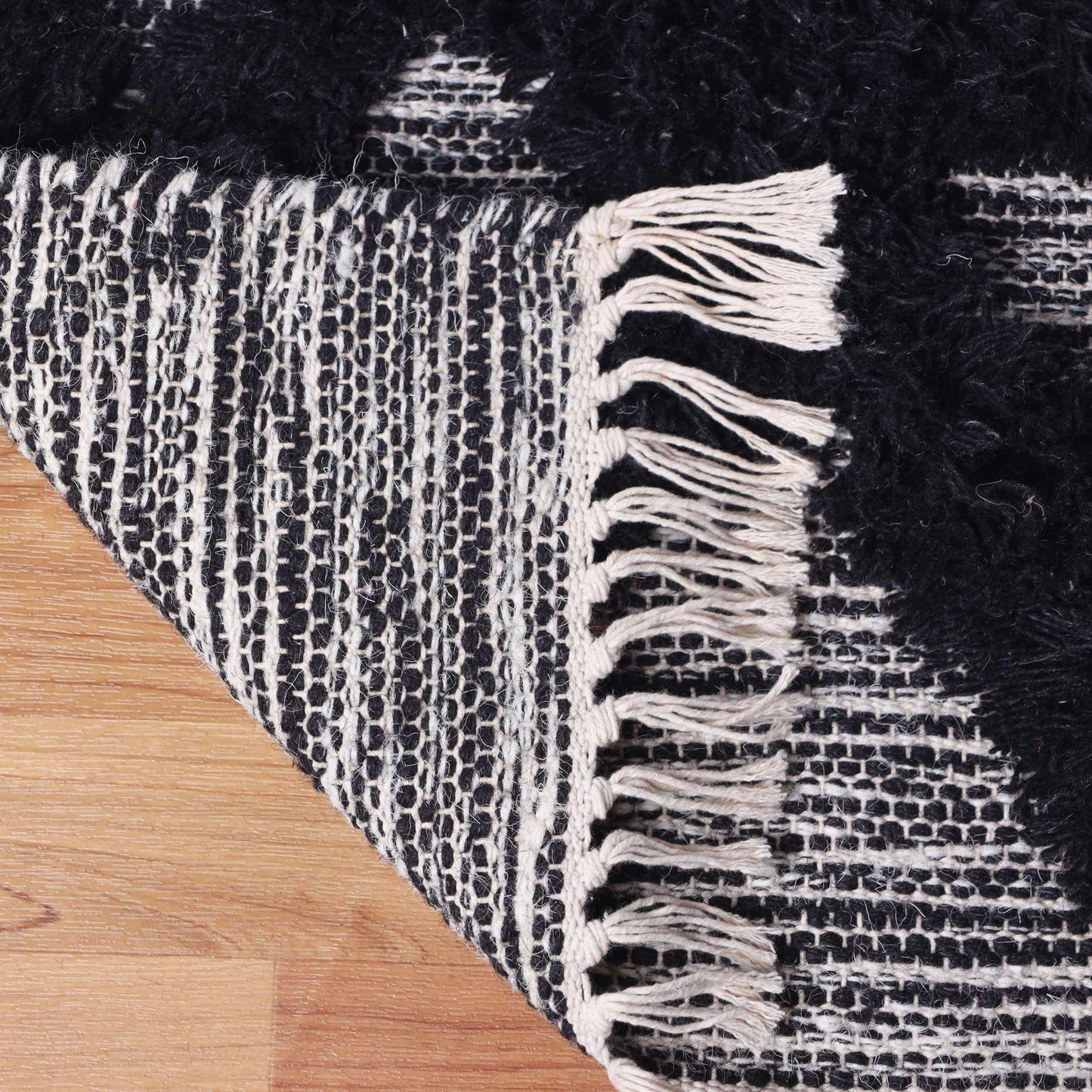 Superior Bohemian Wool Geometric Medallion Fringe Indoor Area or Runner Rug - Black-Ivory