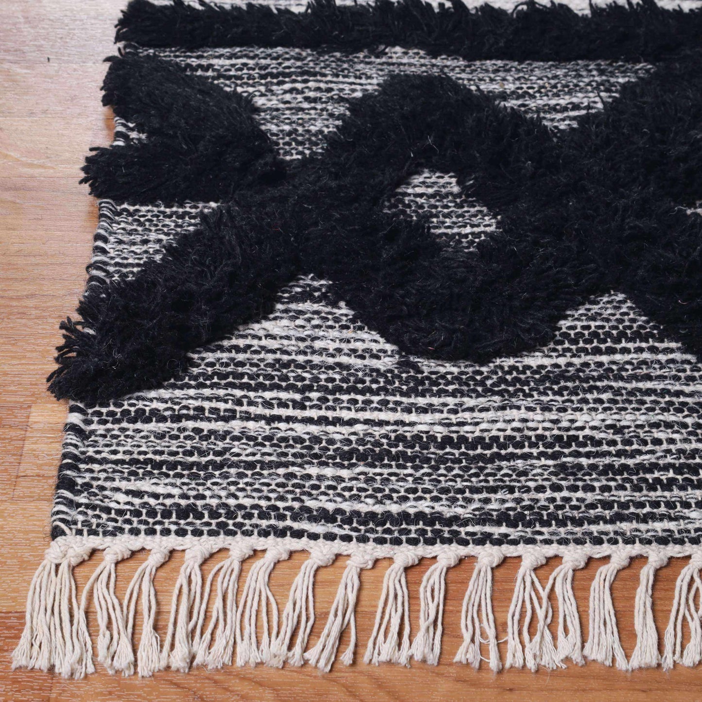 Superior Bohemian Wool Geometric Medallion Fringe Indoor Area or Runner Rug - Black-Ivory