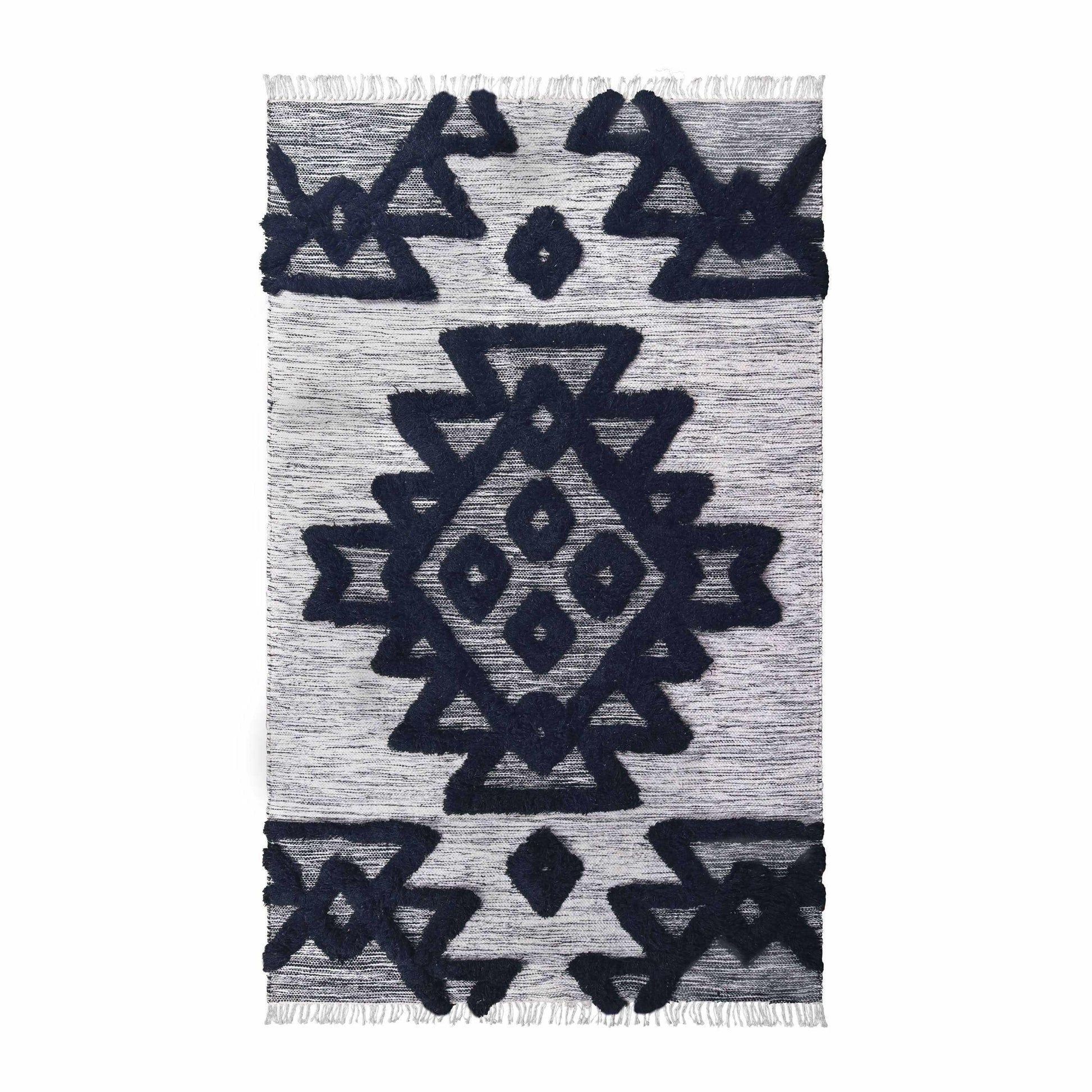 Superior Bohemian Wool Geometric Medallion Fringe Indoor Area or Runner Rug - Black-Ivory