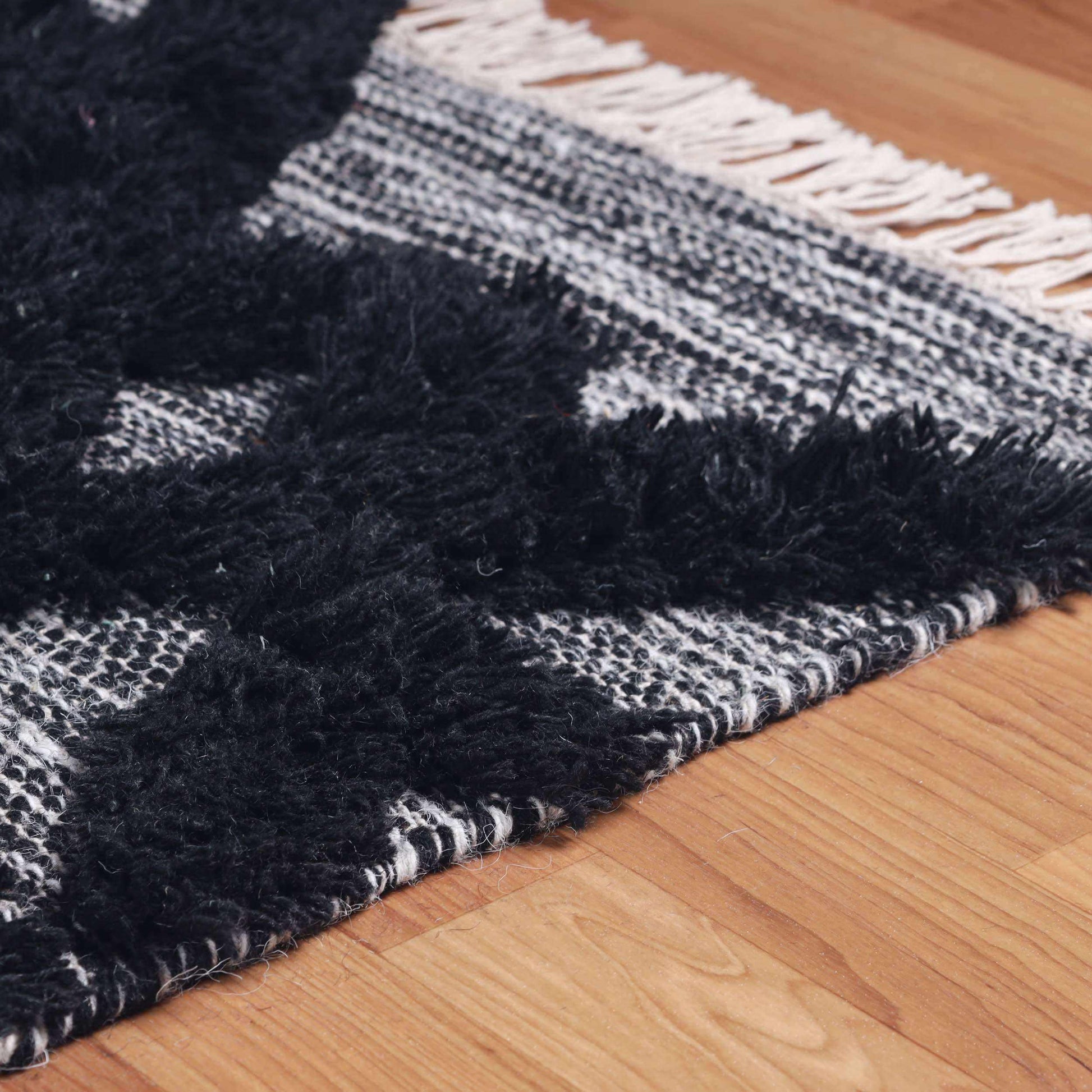 Superior Bohemian Wool Geometric Medallion Fringe Indoor Area or Runner Rug - Black-Ivory
