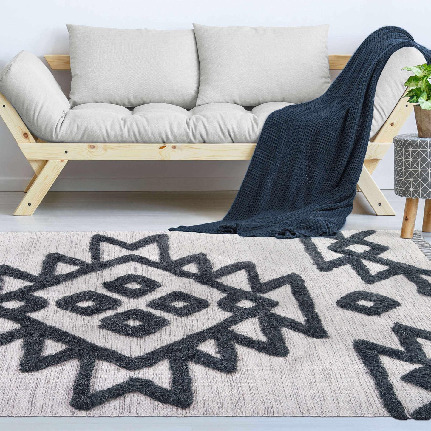 Superior Bohemian Wool Geometric Medallion Fringe Indoor Area or Runner Rug - Ivory-Charcoal