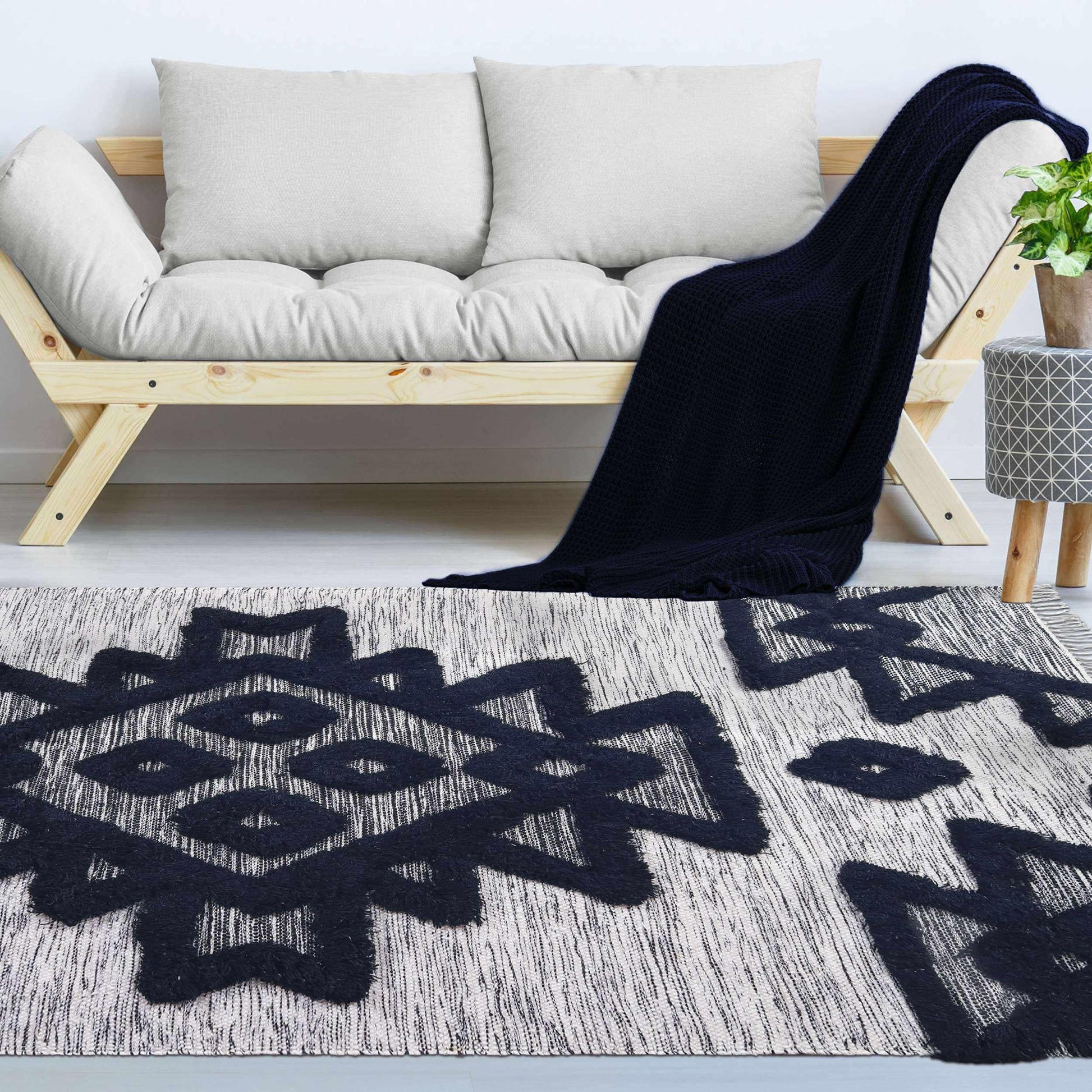Superior Bohemian Wool Geometric Medallion Fringe Indoor Area or Runner Rug - Black-Ivory