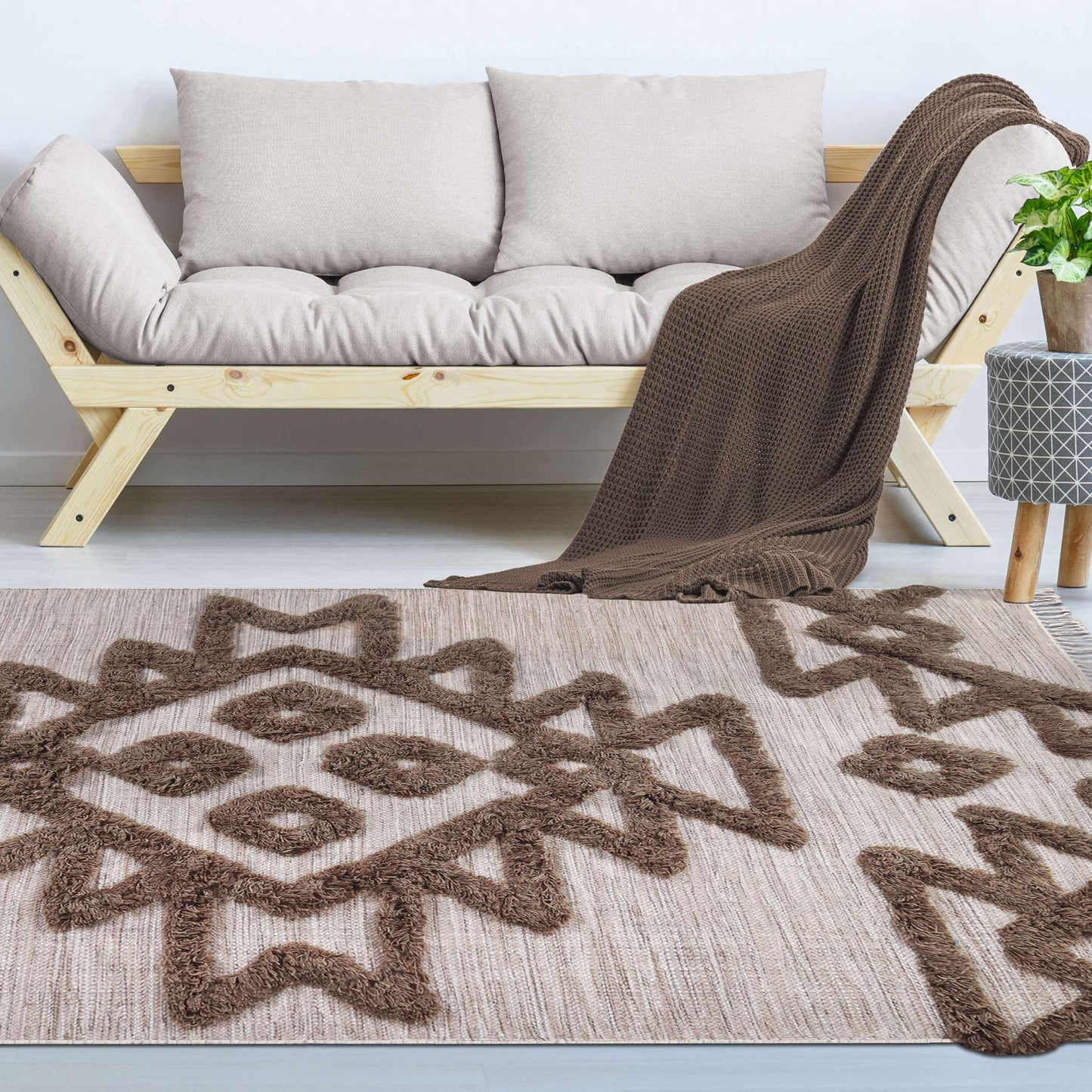Superior Bohemian Wool Geometric Medallion Fringe Indoor Area or Runner Rug - Sand- Taupe