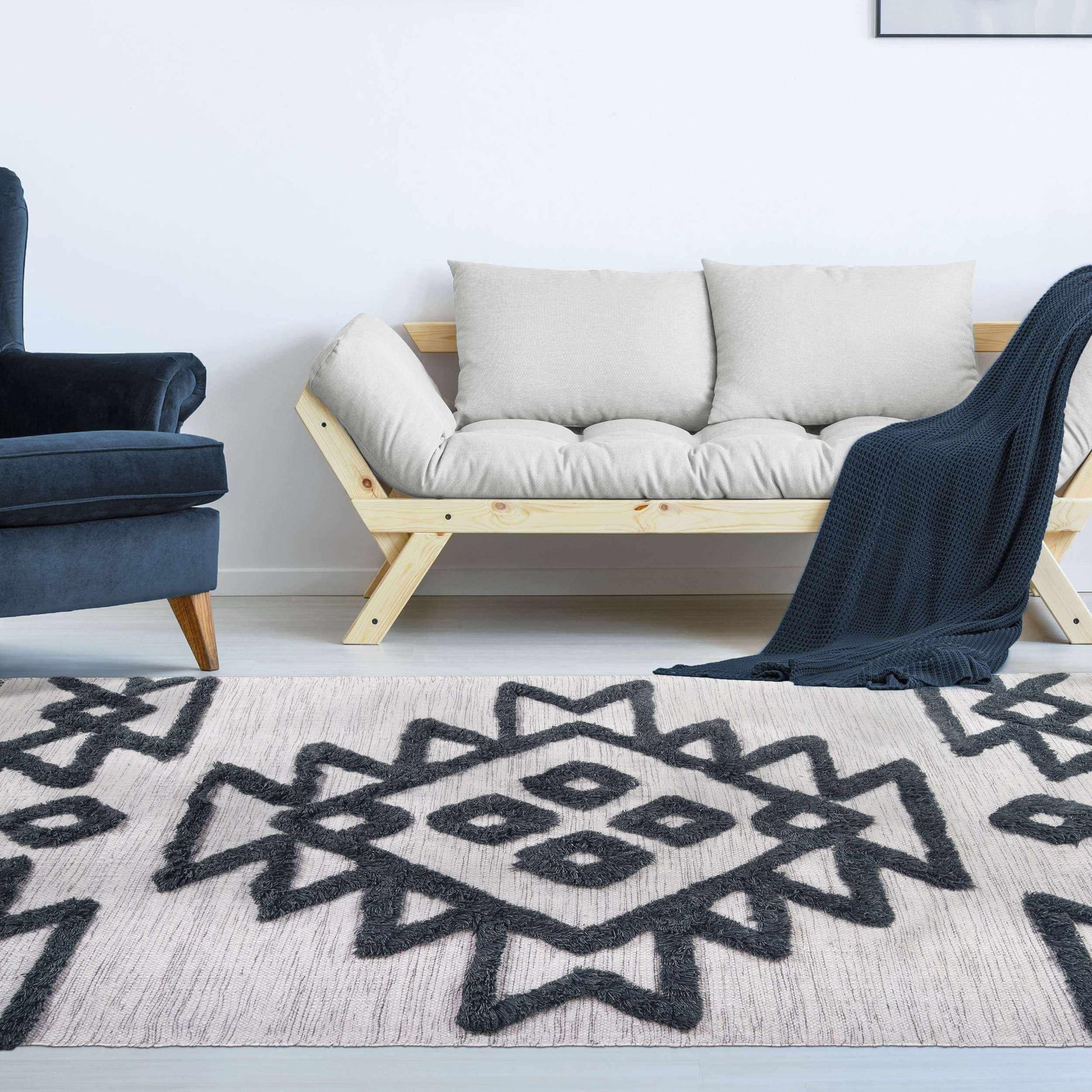 Superior Bohemian Wool Geometric Medallion Fringe Indoor Area or Runner Rug - Ivory-Charcoal