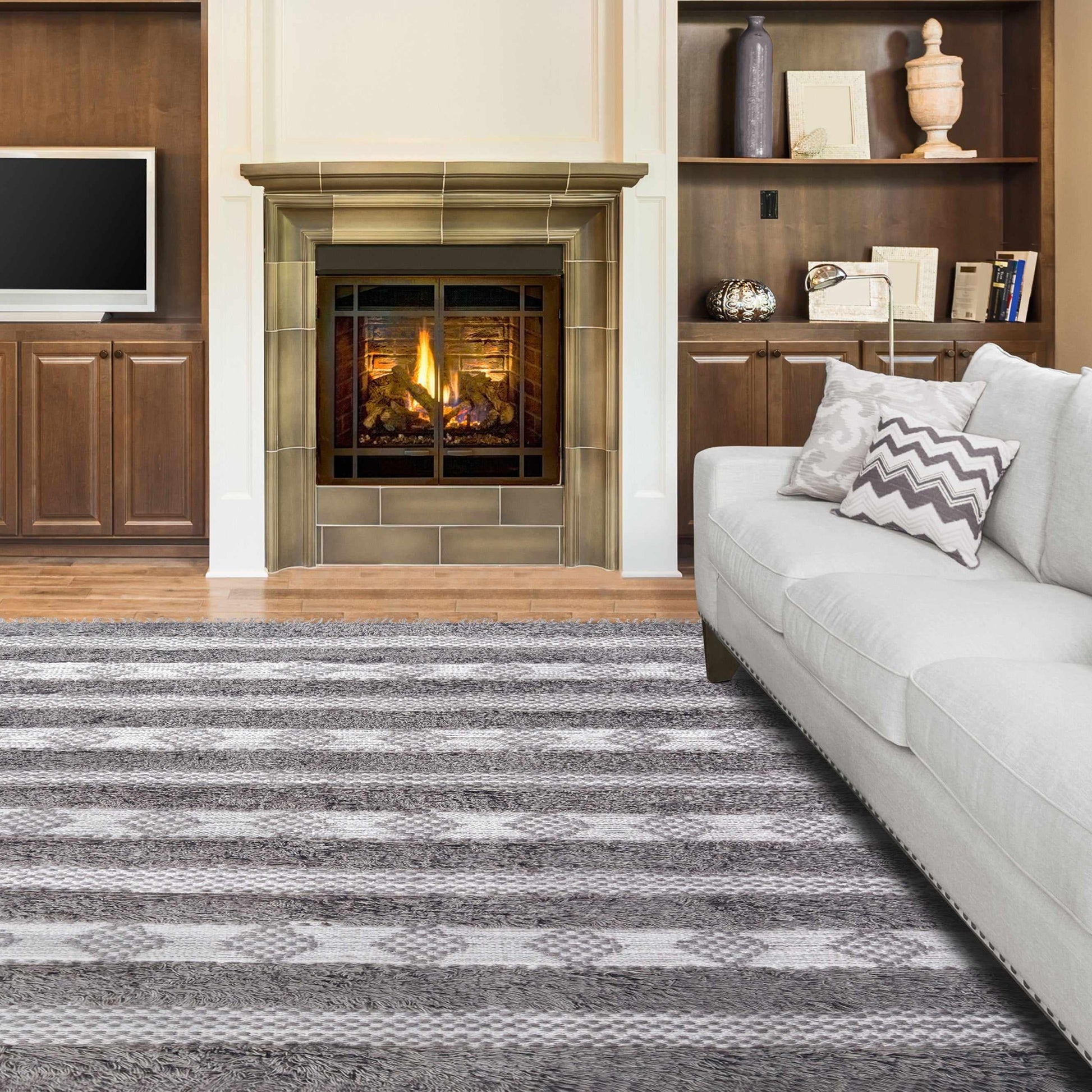 Superior Farmhouse Wool Geometric Stripe Fringe Indoor Area or Runner Rug - Grey-Silver