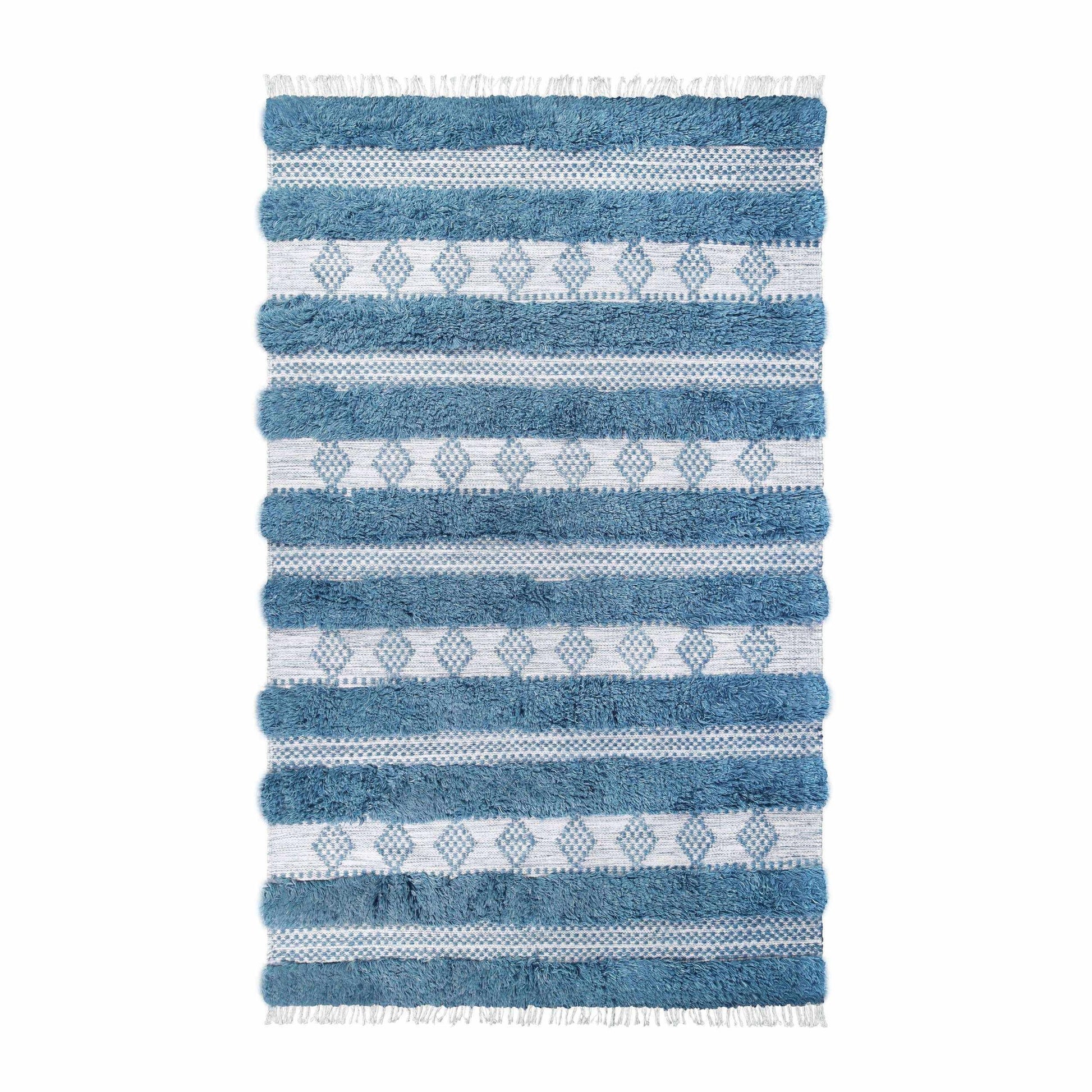 Superior Farmhouse Wool Geometric Stripe Fringe Indoor Area or Runner Rug - Blue