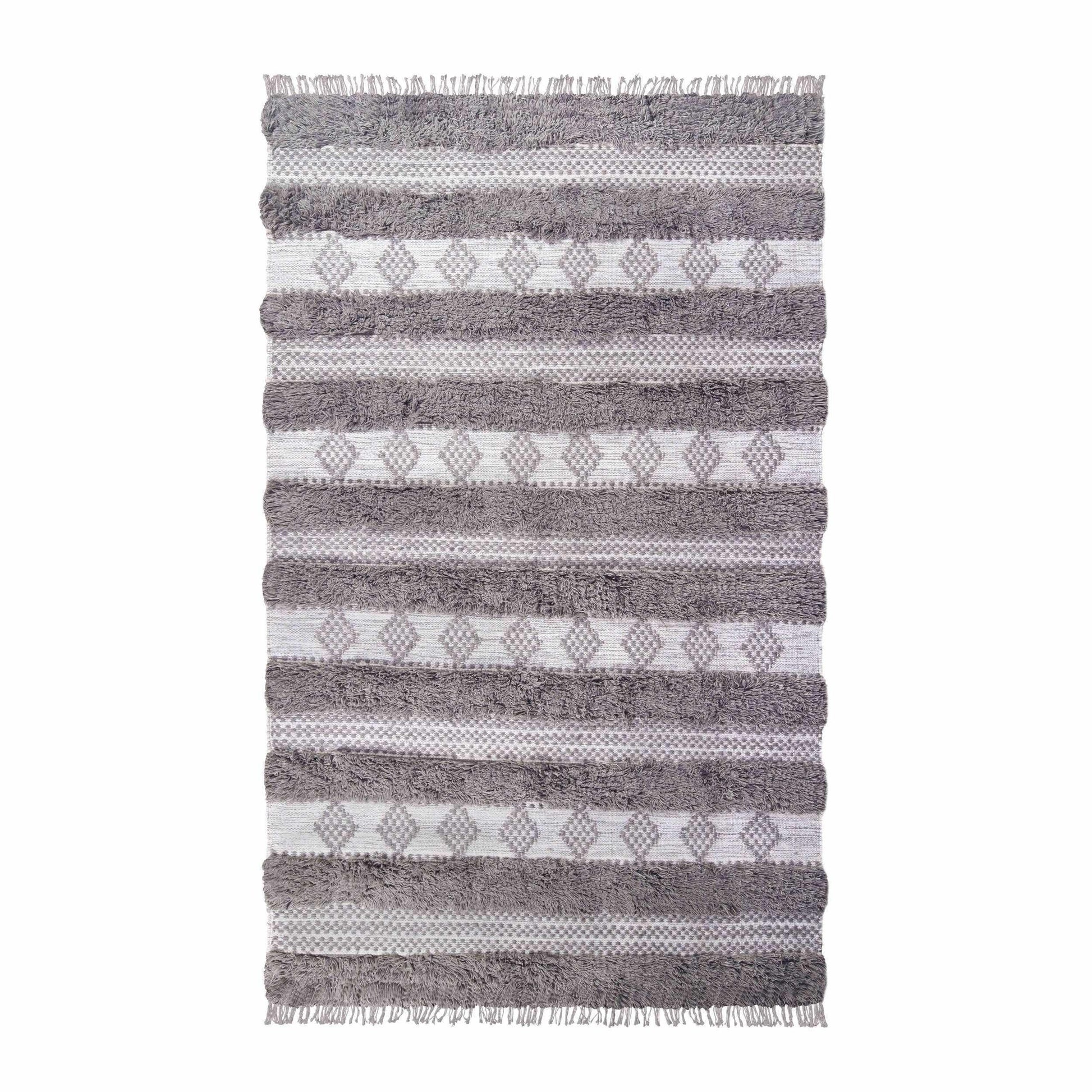 Superior Farmhouse Wool Geometric Stripe Fringe Indoor Area or Runner Rug - Grey-Silver