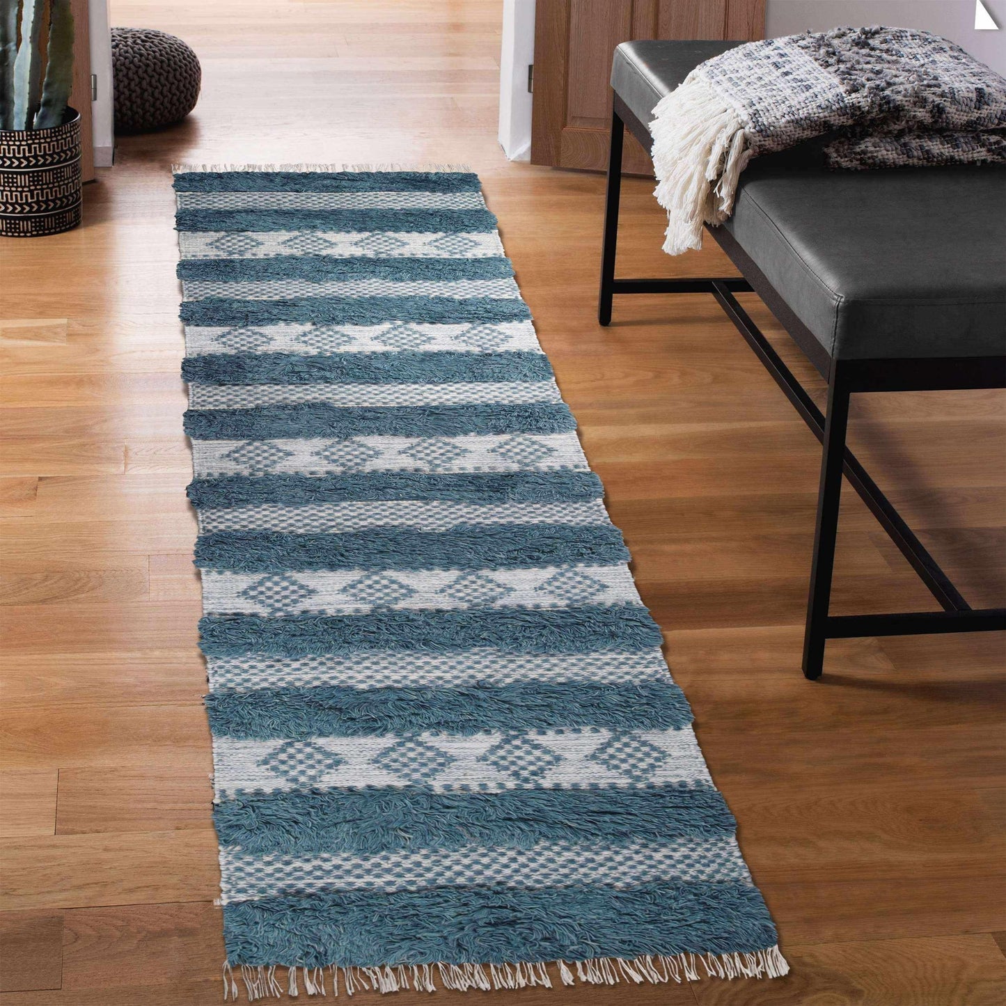 Superior Farmhouse Wool Geometric Stripe Fringe Indoor Area or Runner Rug - Blue