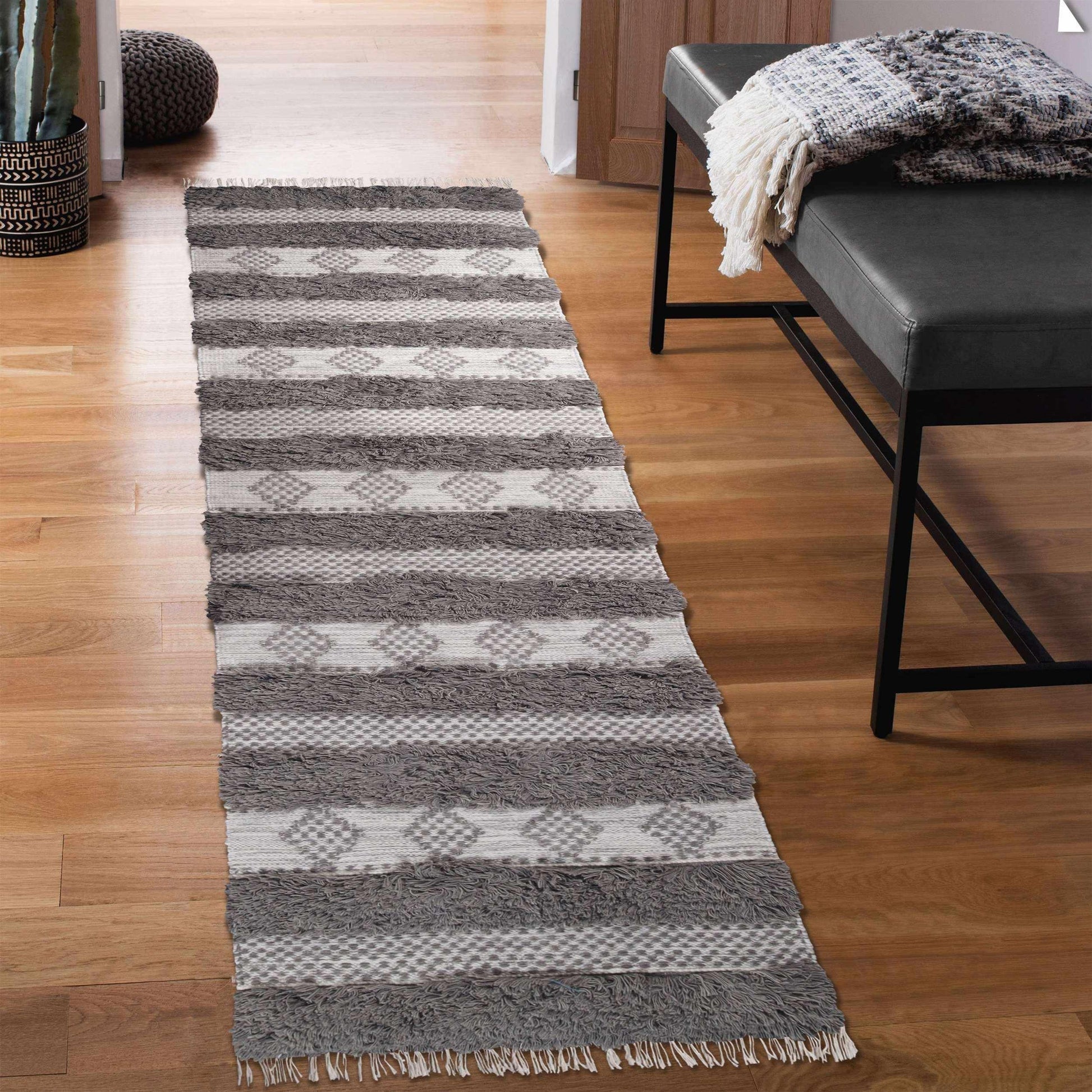 Superior Farmhouse Wool Geometric Stripe Fringe Indoor Area or Runner Rug - Grey-Silver