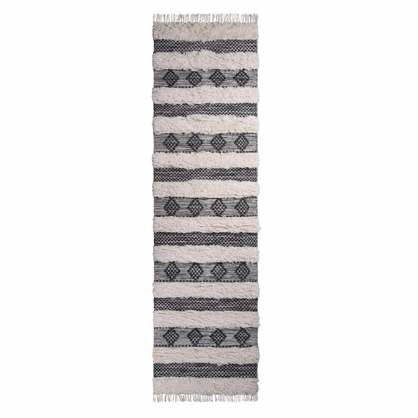 Superior Farmhouse Wool Geometric Stripe Fringe Indoor Area or Runner Rug - Black