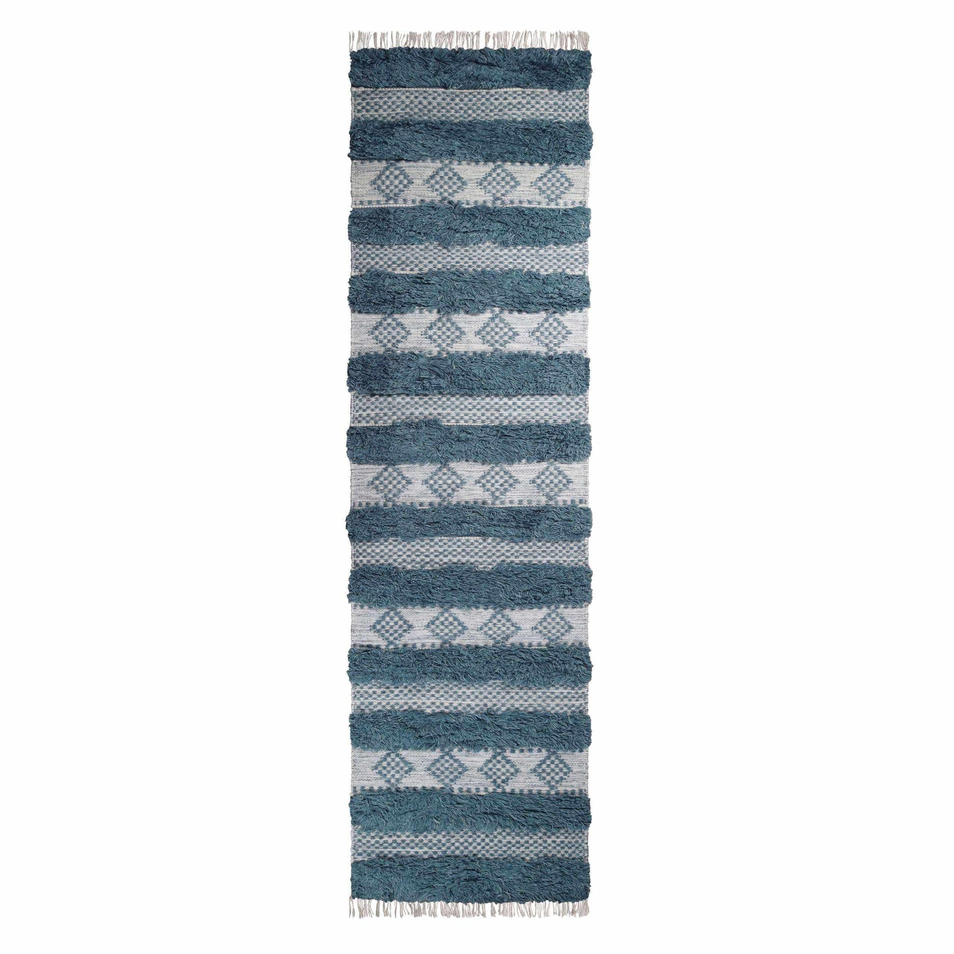 Superior Farmhouse Wool Geometric Stripe Fringe Indoor Area or Runner Rug - Blue