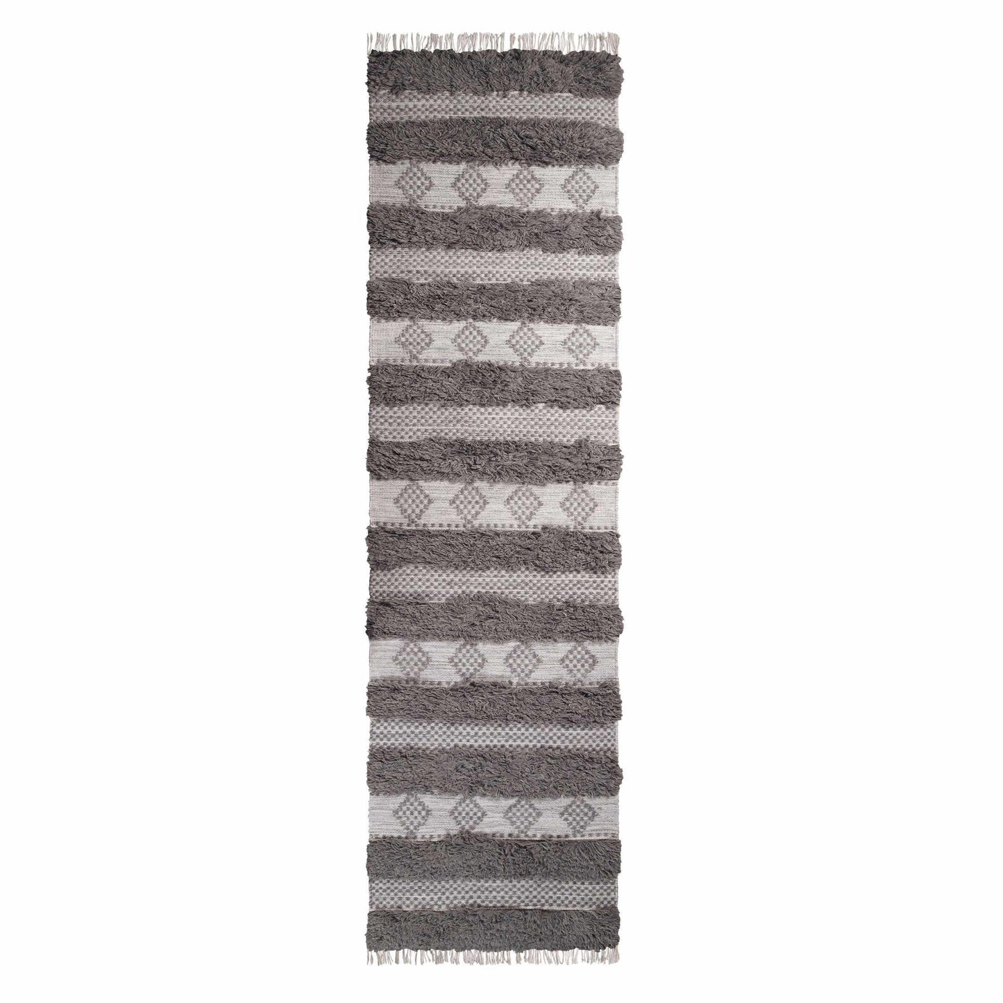 Superior Farmhouse Wool Geometric Stripe Fringe Indoor Area or Runner Rug - Grey-Silver