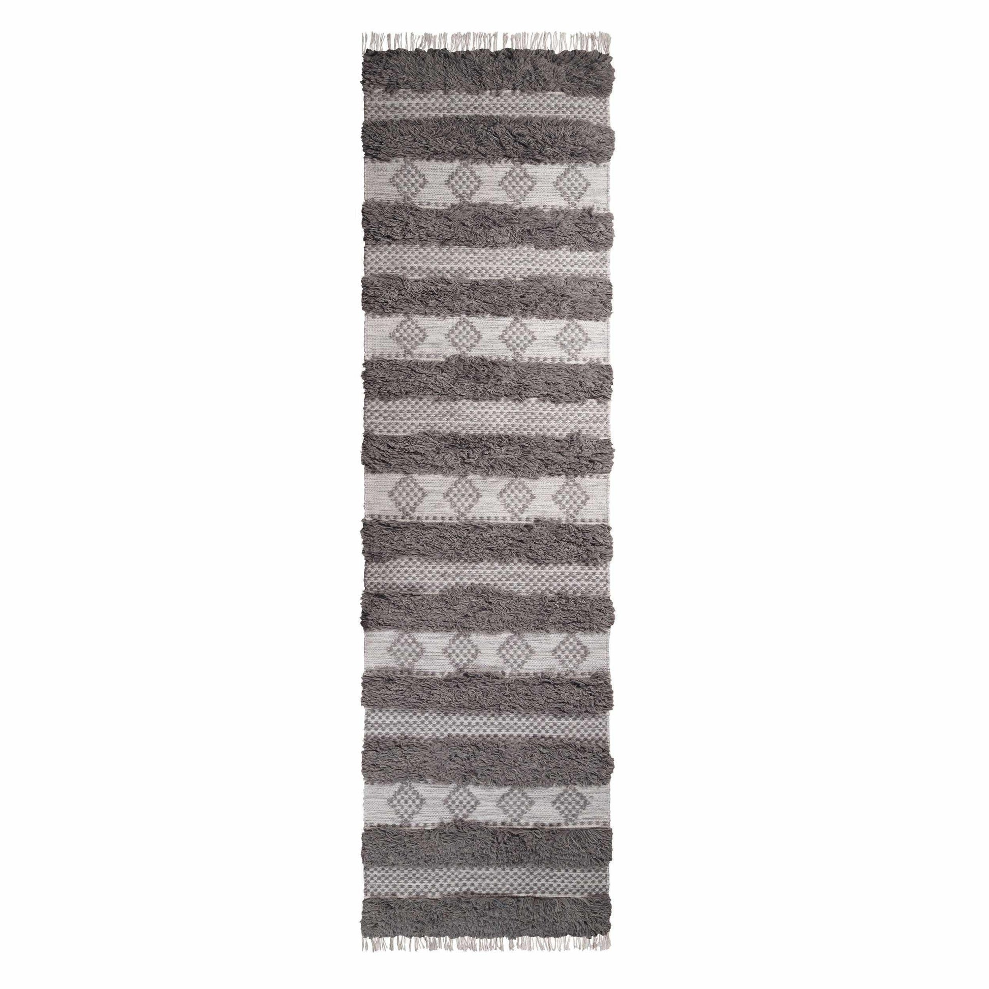 Superior Farmhouse Wool Geometric Stripe Fringe Indoor Area or Runner Rug - Grey-Silver