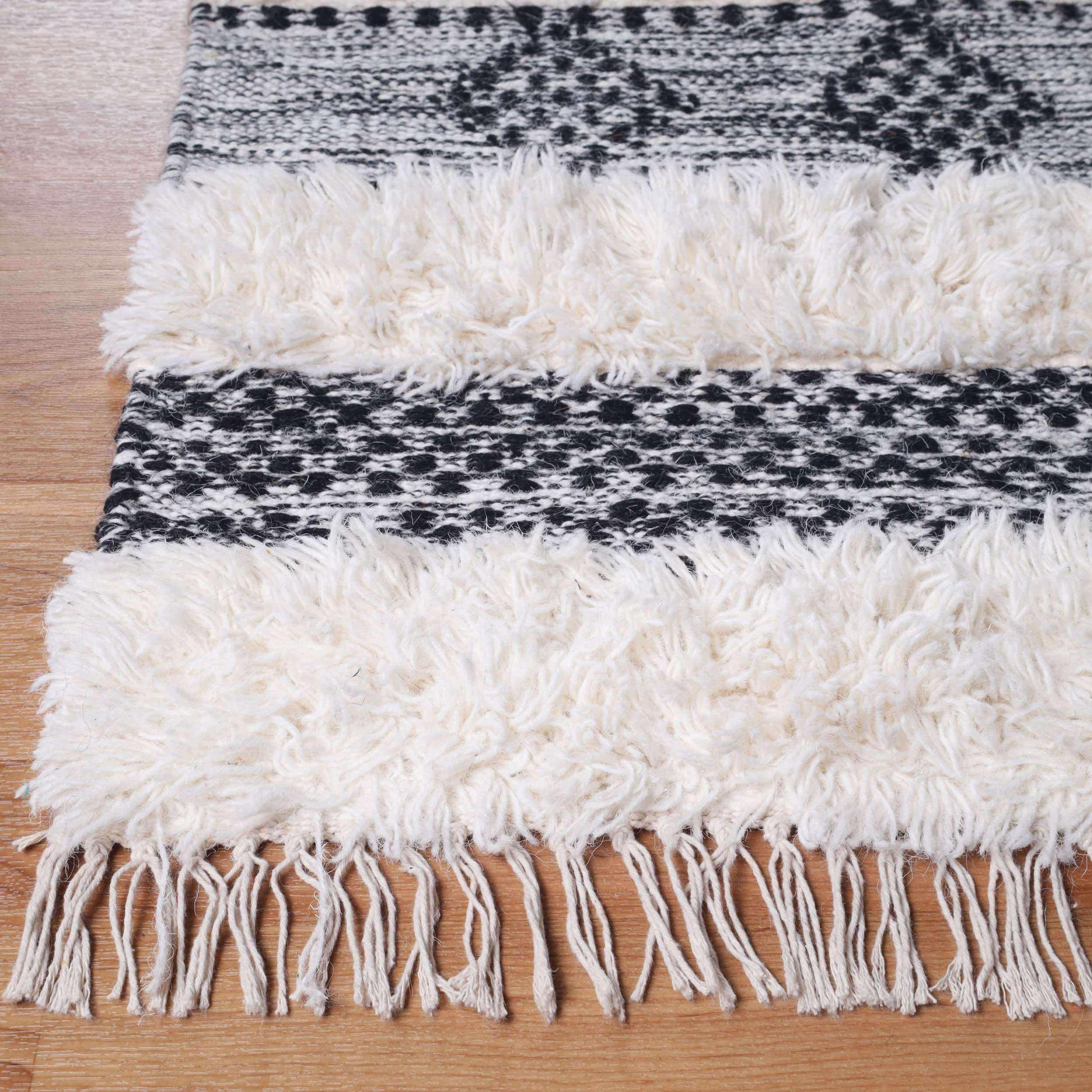 Superior Farmhouse Wool Geometric Stripe Fringe Indoor Area or Runner Rug - Black