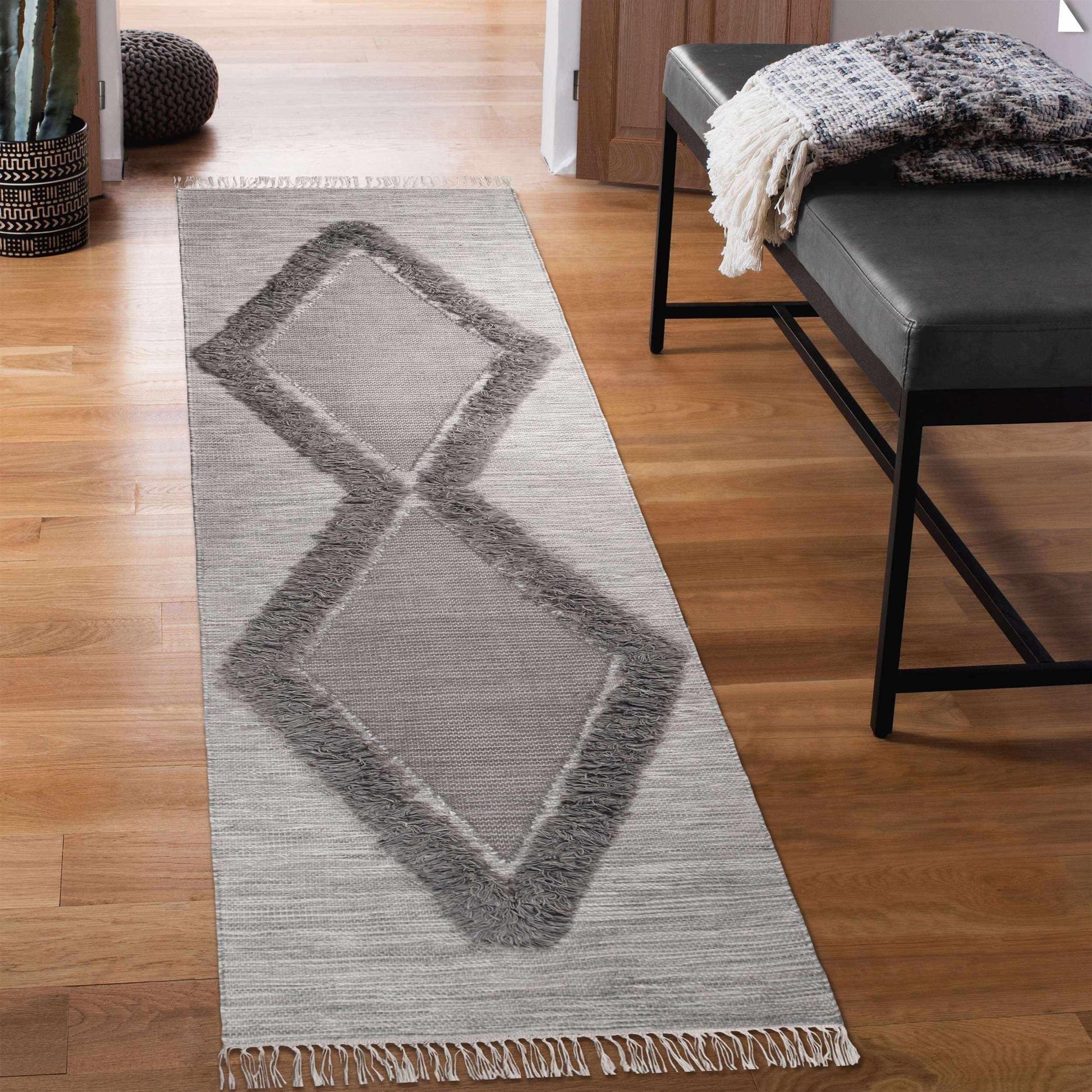 Superior Southwestern Wool Abstract Line Geometric Fringe Area or Runner Rug- Slate