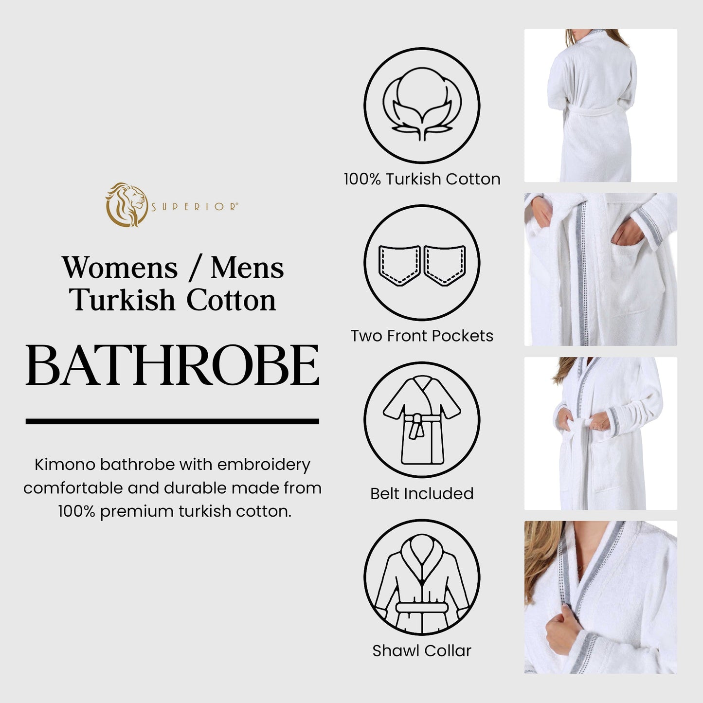 Turkish Cotton Terry Kimono Embroidered Super-Soft Unisex Bathrobe - White-Black