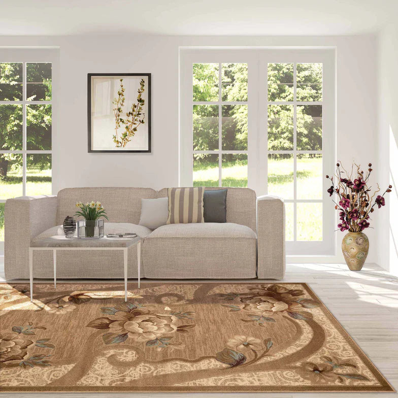 Rinceau Traditional Oversized Floral Border Indoor Area Rug or Runner - Taupe