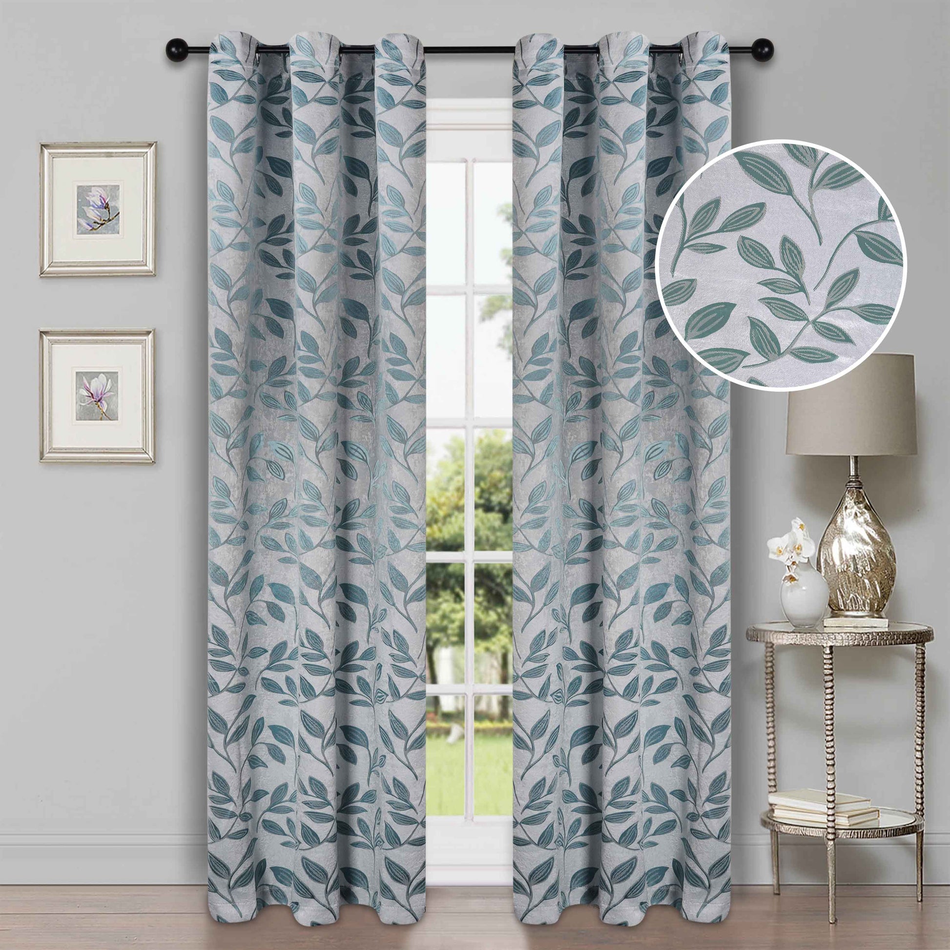 Leaves Machine Washable Room Darkening Blackout Curtains, Set of 2 - Teal