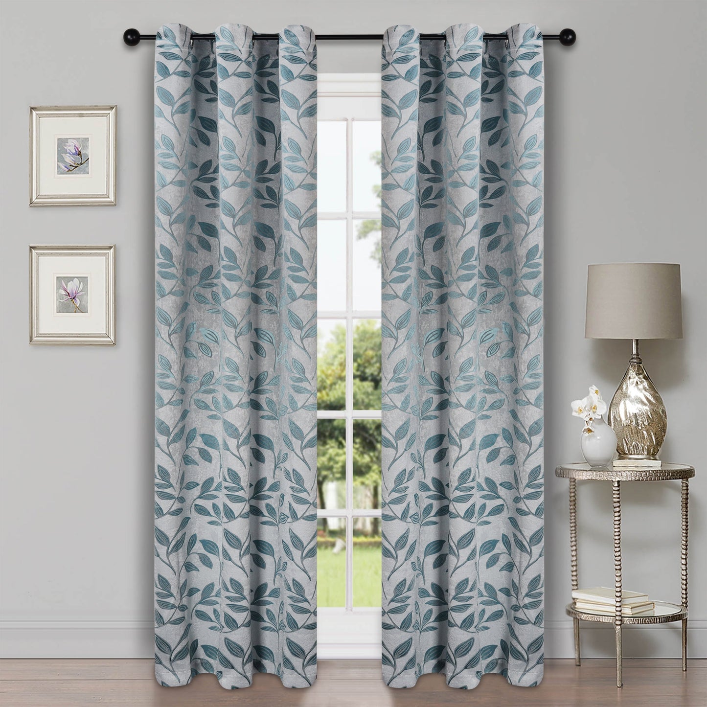 Leaves Machine Washable Room Darkening Blackout Curtains, Set of 2 - Teal