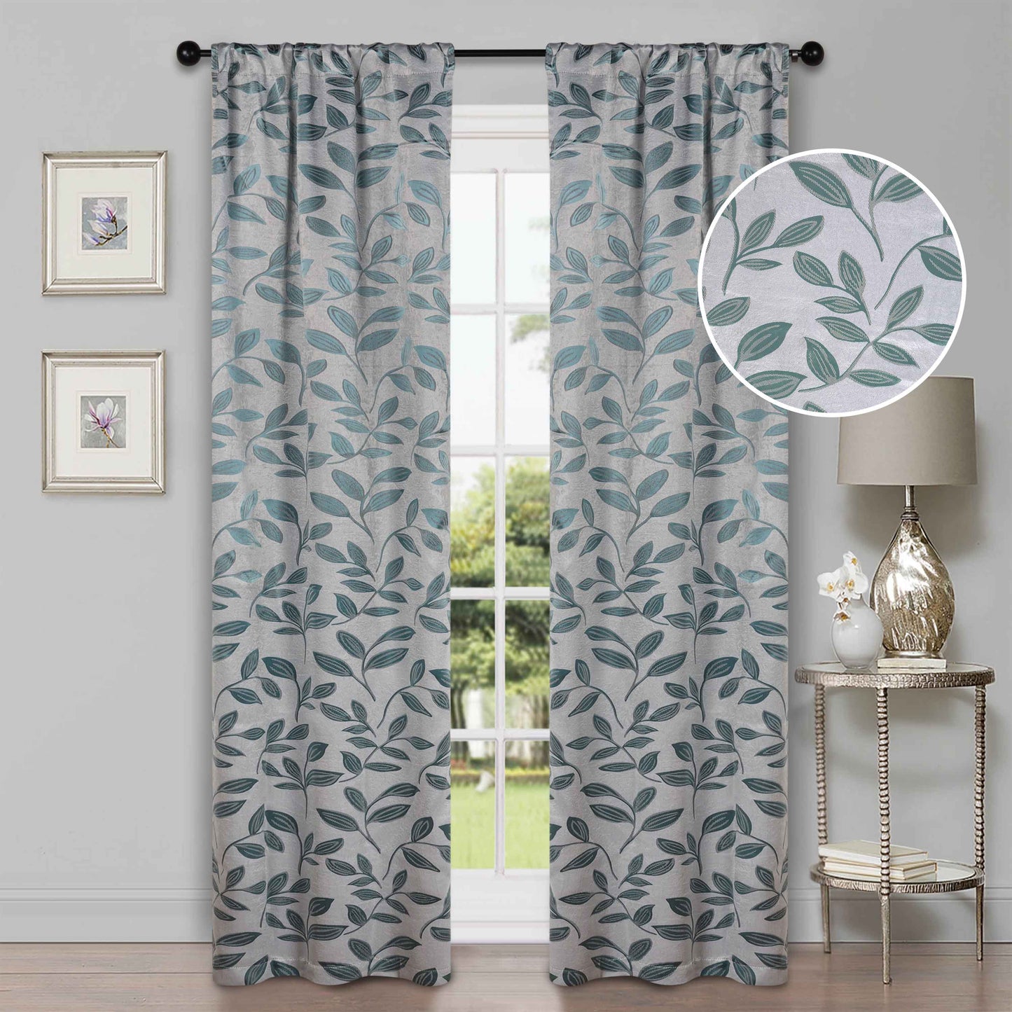Leaves Machine Washable Room Darkening Blackout Curtains, Set of 2 - Teal