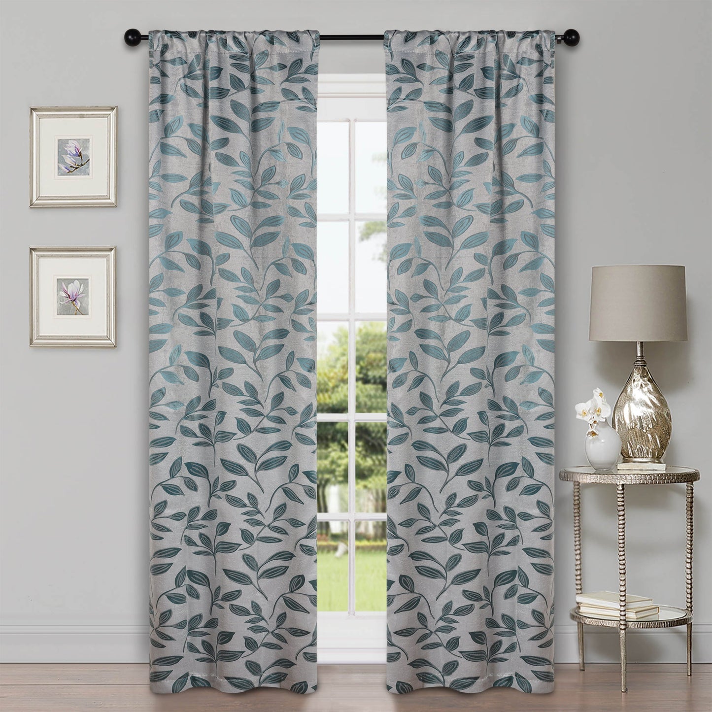 Leaves Machine Washable Room Darkening Blackout Curtains, Set of 2 - Teal