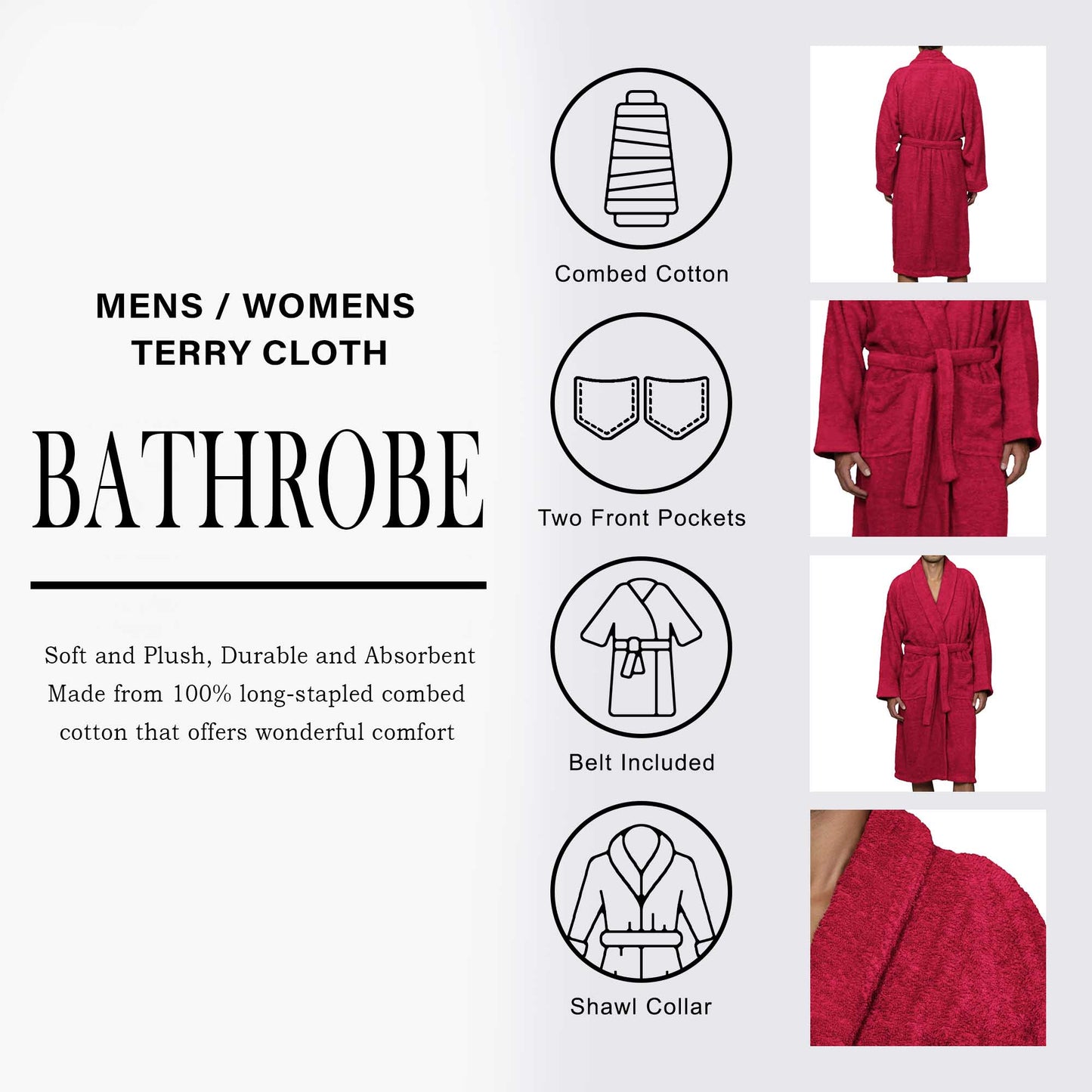 Cotton Ultra-Soft Terry Adult Unisex Lightweight Luxury Bathrobe - Cranberry