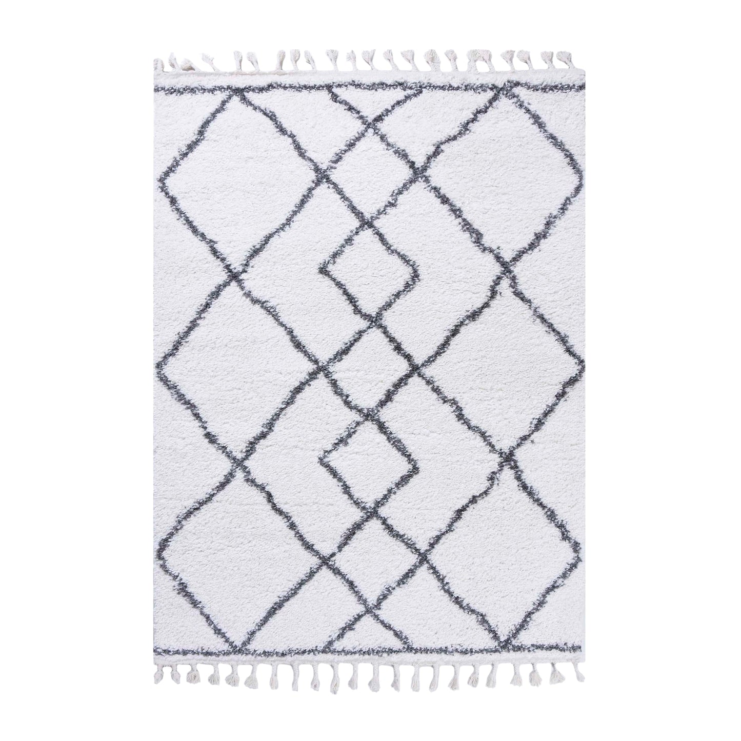 Superior Boho Geometric Diamonds Indoor Plush Shag Area Rug with Tassels - Cream-Grey