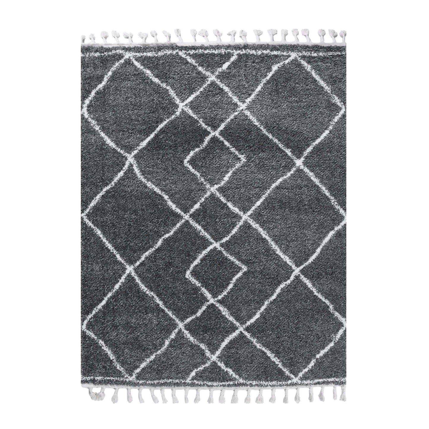 Superior Boho Geometric Diamonds Indoor Plush Shag Area Rug with Tassels - Grey-Cream