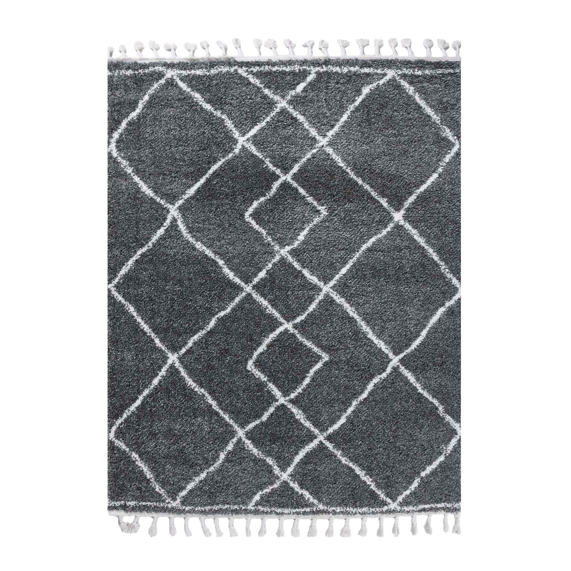 Superior Boho Geometric Diamonds Indoor Plush Shag Area Rug with Tassels - Grey-Cream