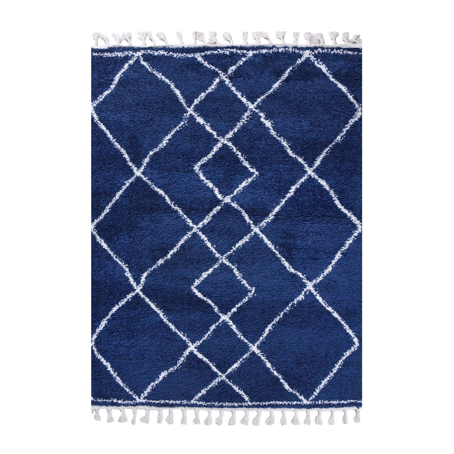 Superior Boho Geometric Diamonds Indoor Plush Shag Area Rug with Tassels -  Cream-Blue
