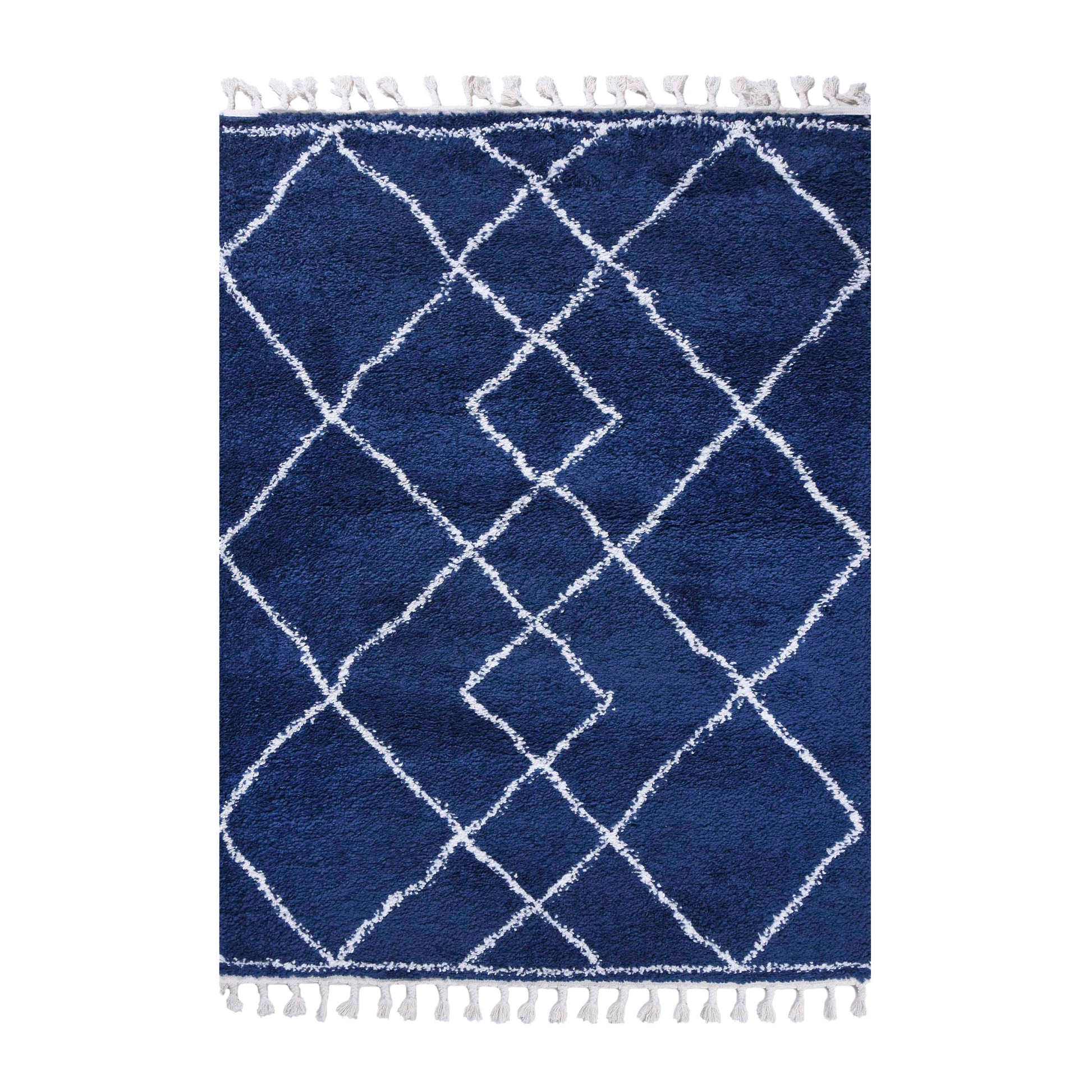 Superior Boho Geometric Diamonds Indoor Plush Shag Area Rug with Tassels -  Cream-Blue