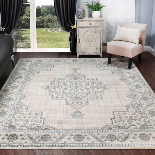 Superior Traditional Geometric Floral Medallion Design Indoor Home Area Rug - Beige