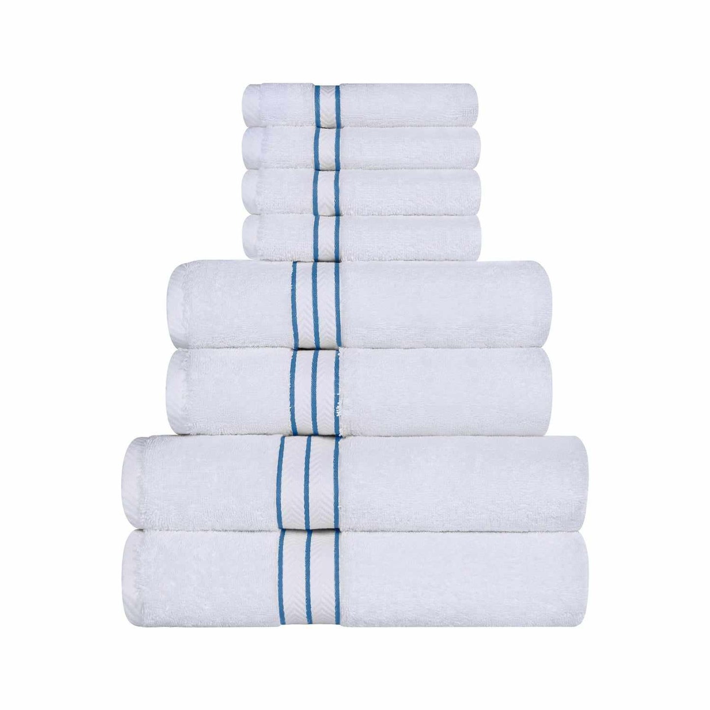 Traditional Organic Wave 650 GSM 8- Pieces Towel Set - White-Light Blue